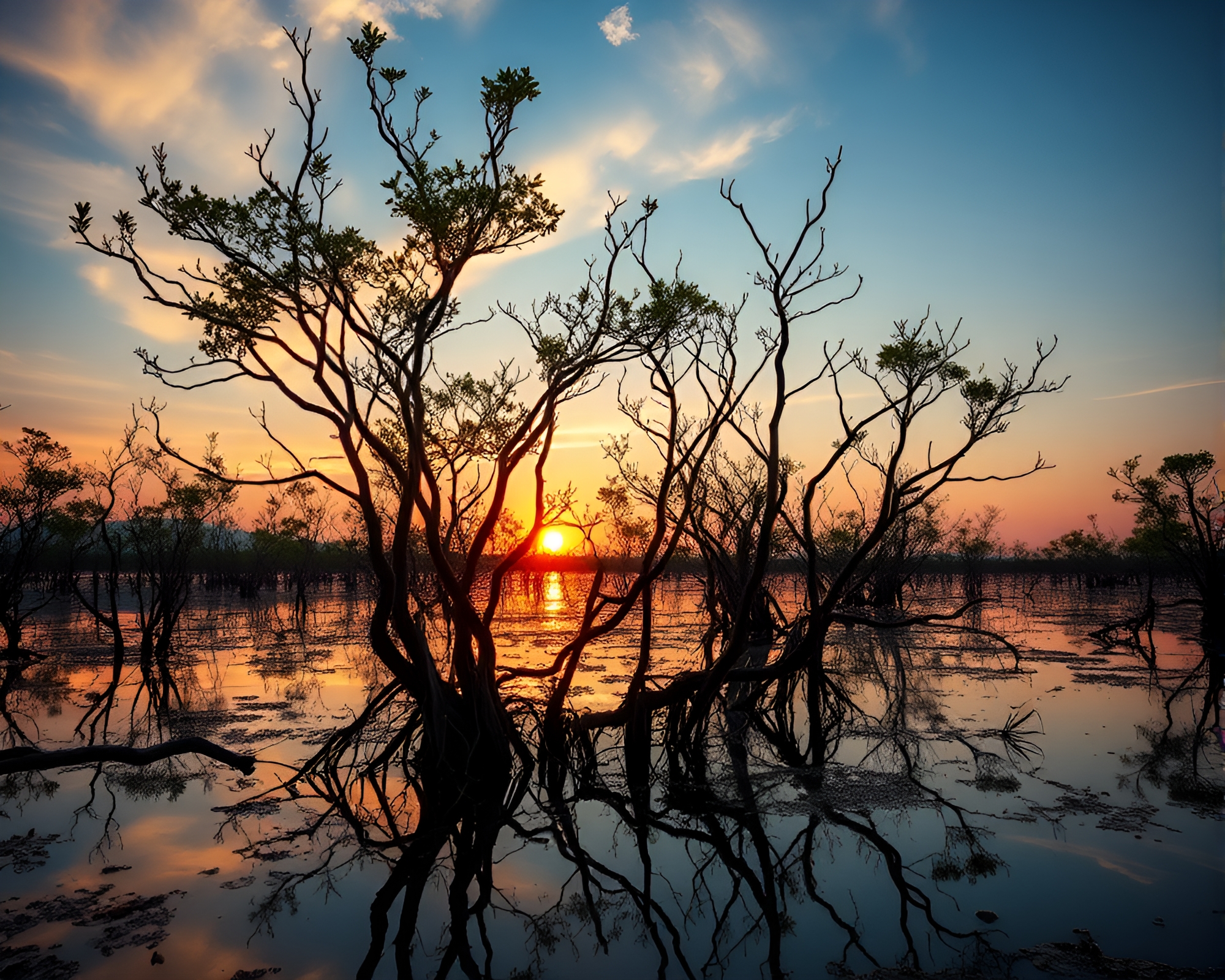 Mystical Mangrove Swampland X-Ray Sunset Portrait – free AI stock image