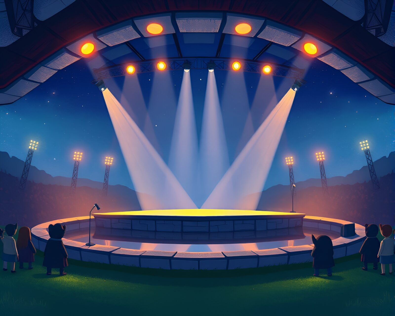 Illustration of kids performing at a mystical stone concert