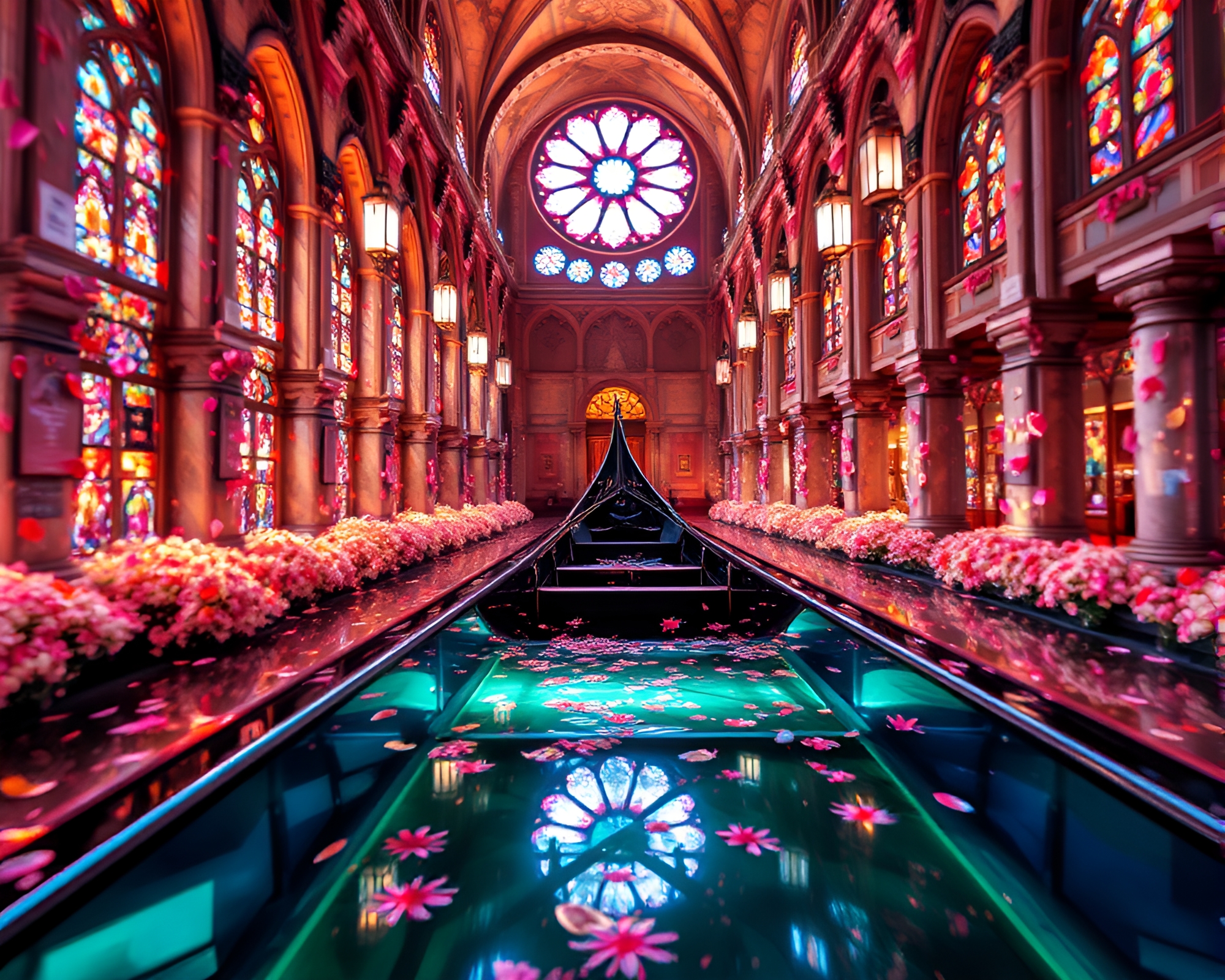 Fractal Venetian Gondola Amidst Flower Petals Cathedral – free AI stock image