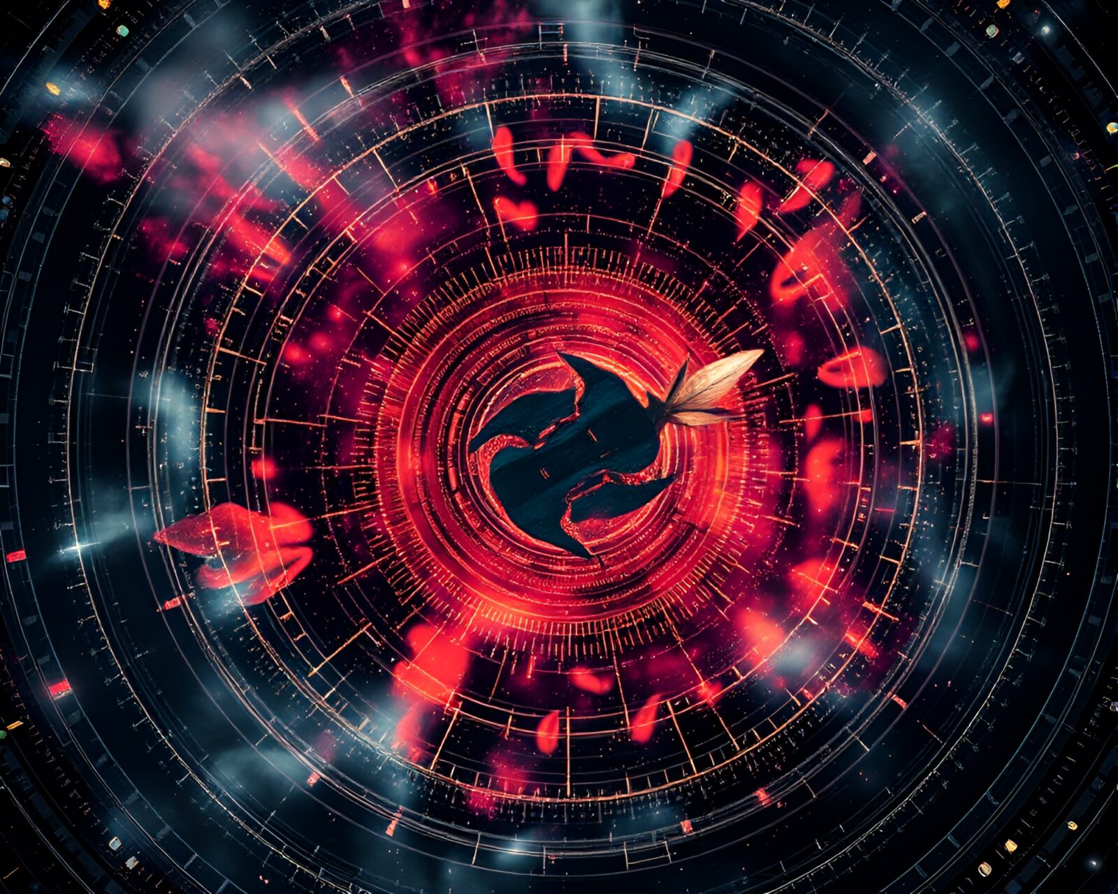 Abstract depiction of nanobots swarming in colorful cosmic hues