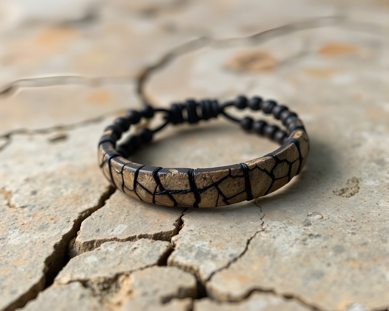 Dramatic high-contrast cracked earth with a striking bracelet