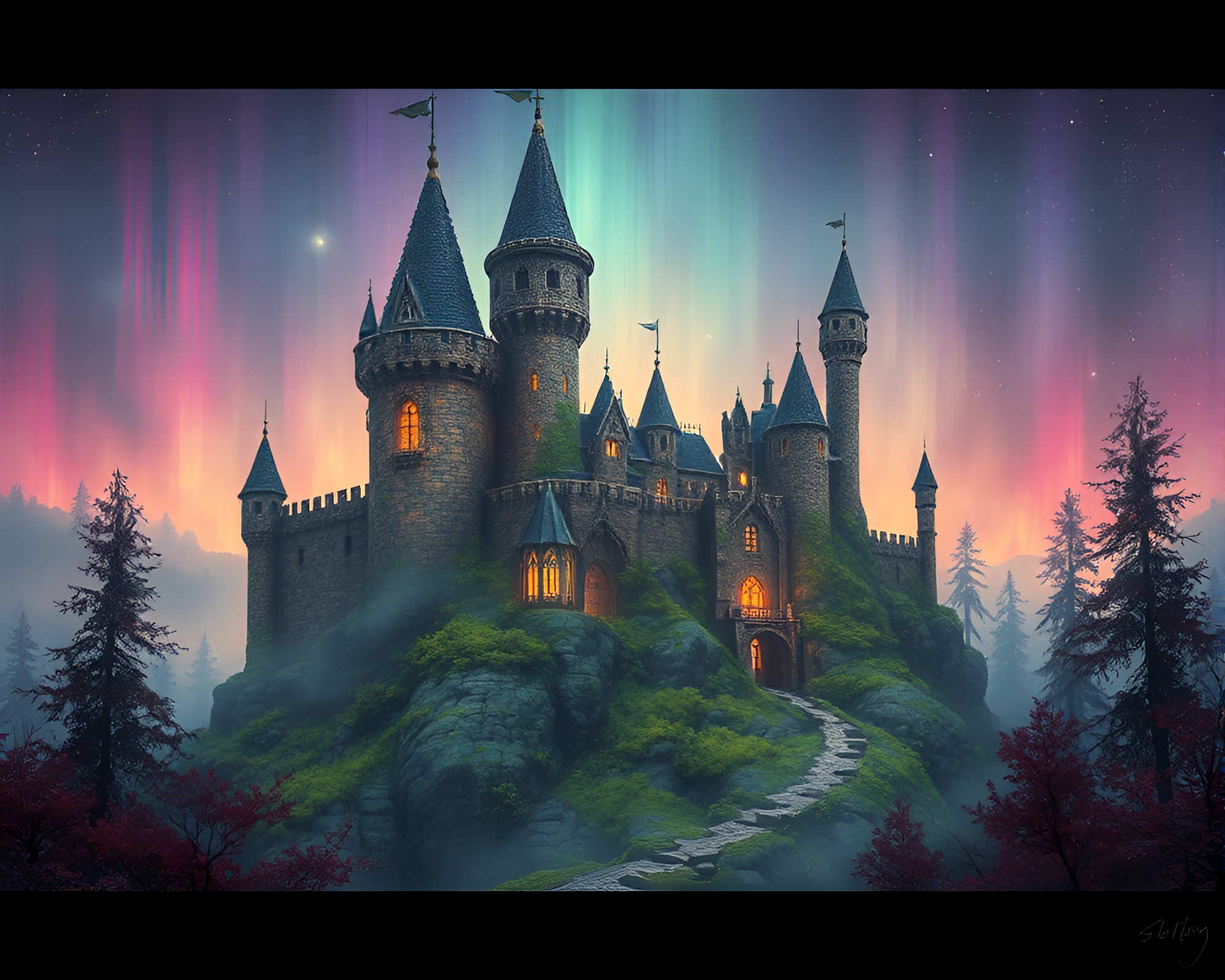 Lichen-Covered Castle under Aurora Skies Digital Painting – free AI stock image
