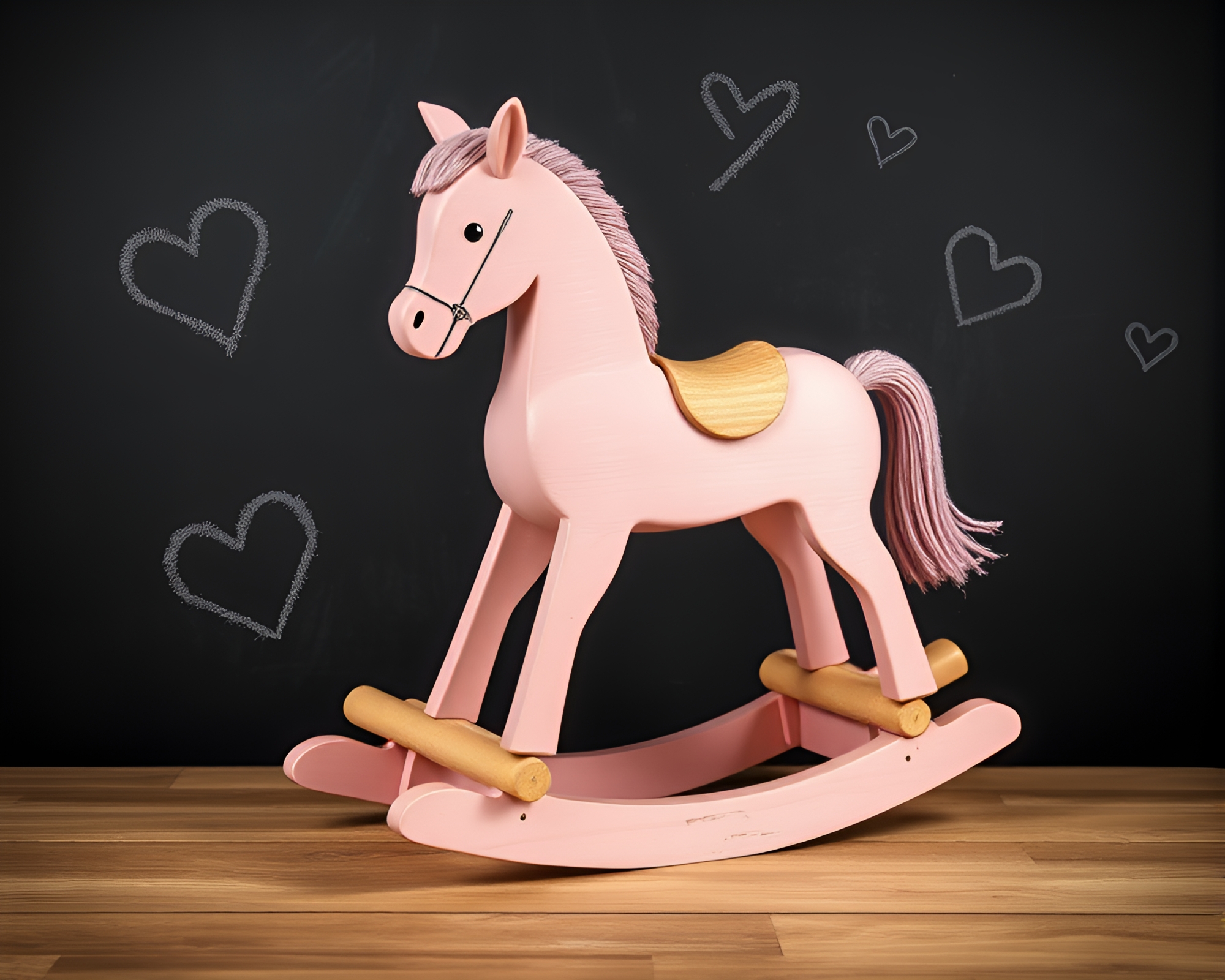 Chalk Drawn Wooden Rocking Horse in Blush Pink Spotlight – free AI stock image