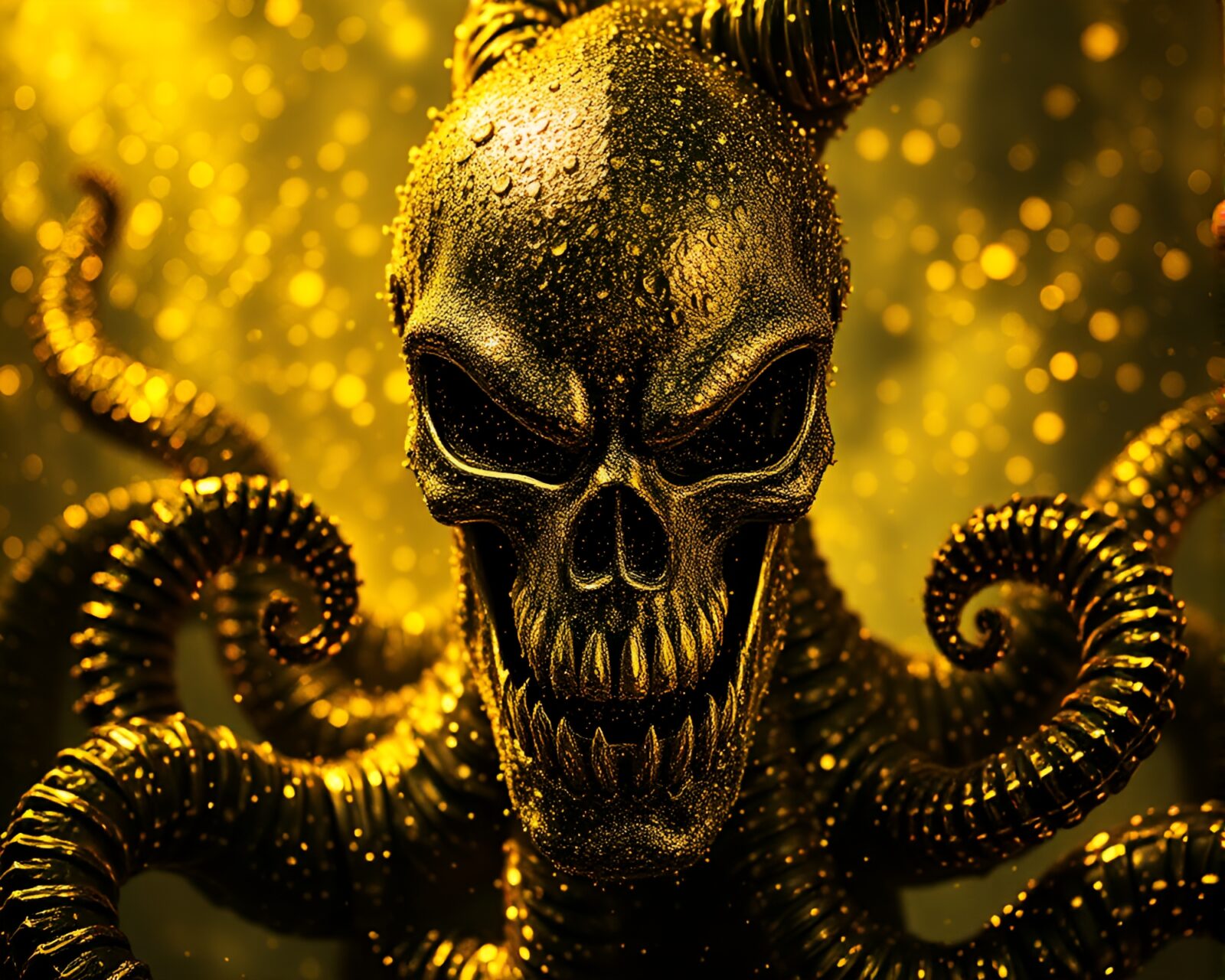 Brightly lit collage of Kraken with golden accents