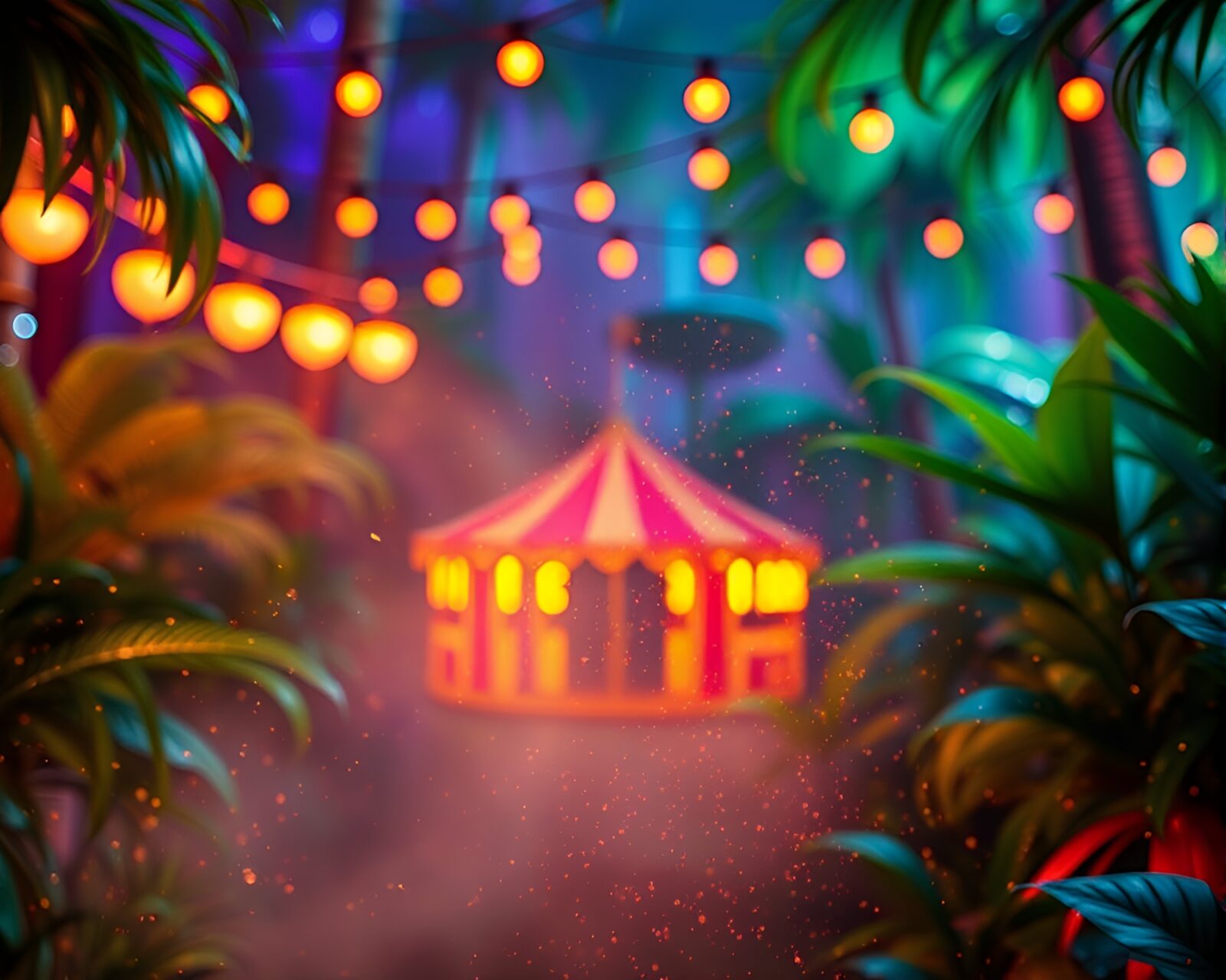 Vibrant 3D scan of jungle scene with carnival lights