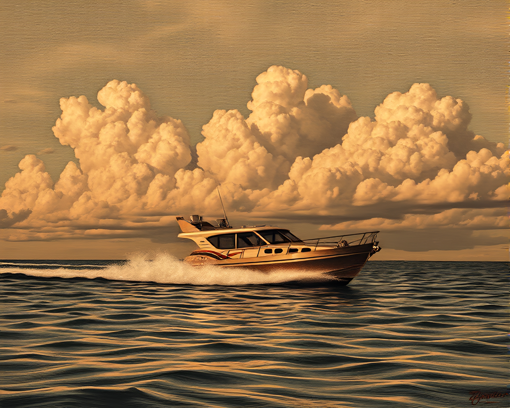 Hydrofoil Boat Embraced by Copper Cloud Engravings – free AI stock image