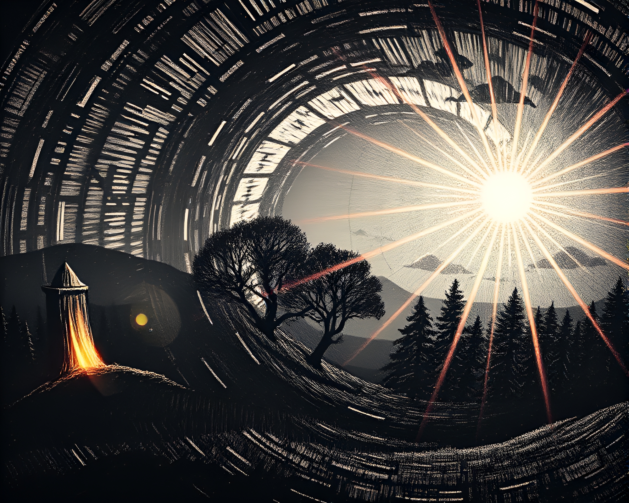 Spiraling Cello Symphony with Lens Flare Landscape Etching – free AI stock image