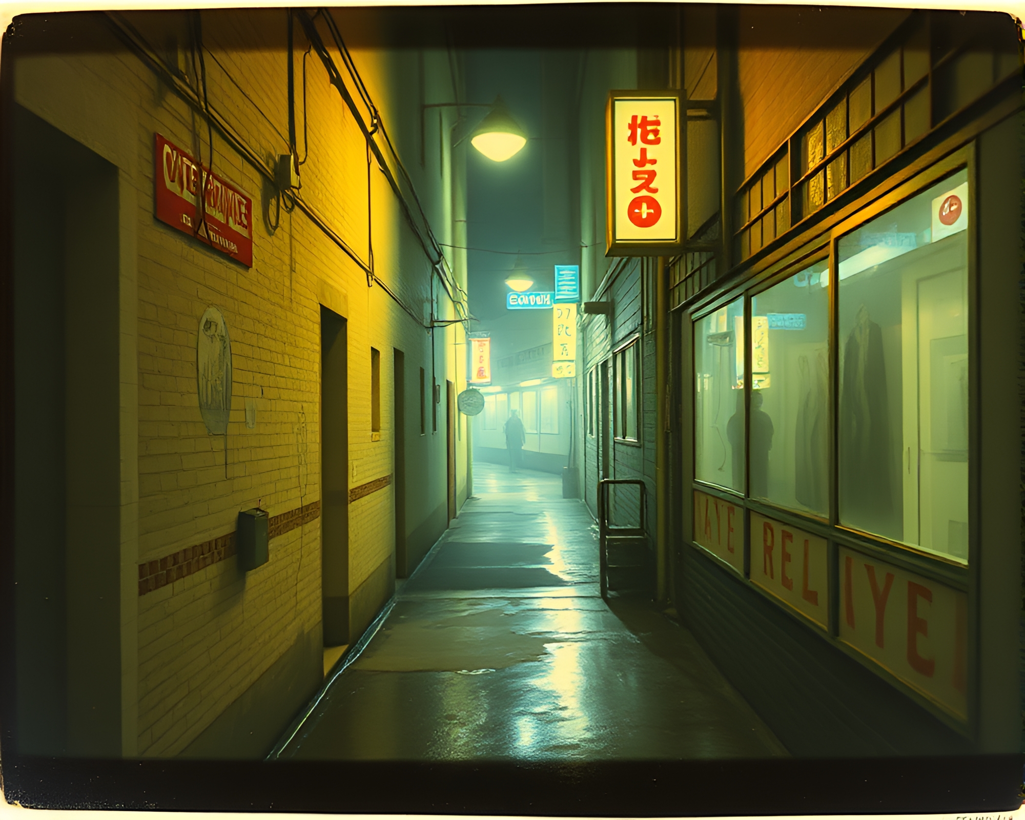 Cyberpunk Alley Reflected in Distorted Water, Vintage Style – free AI stock image