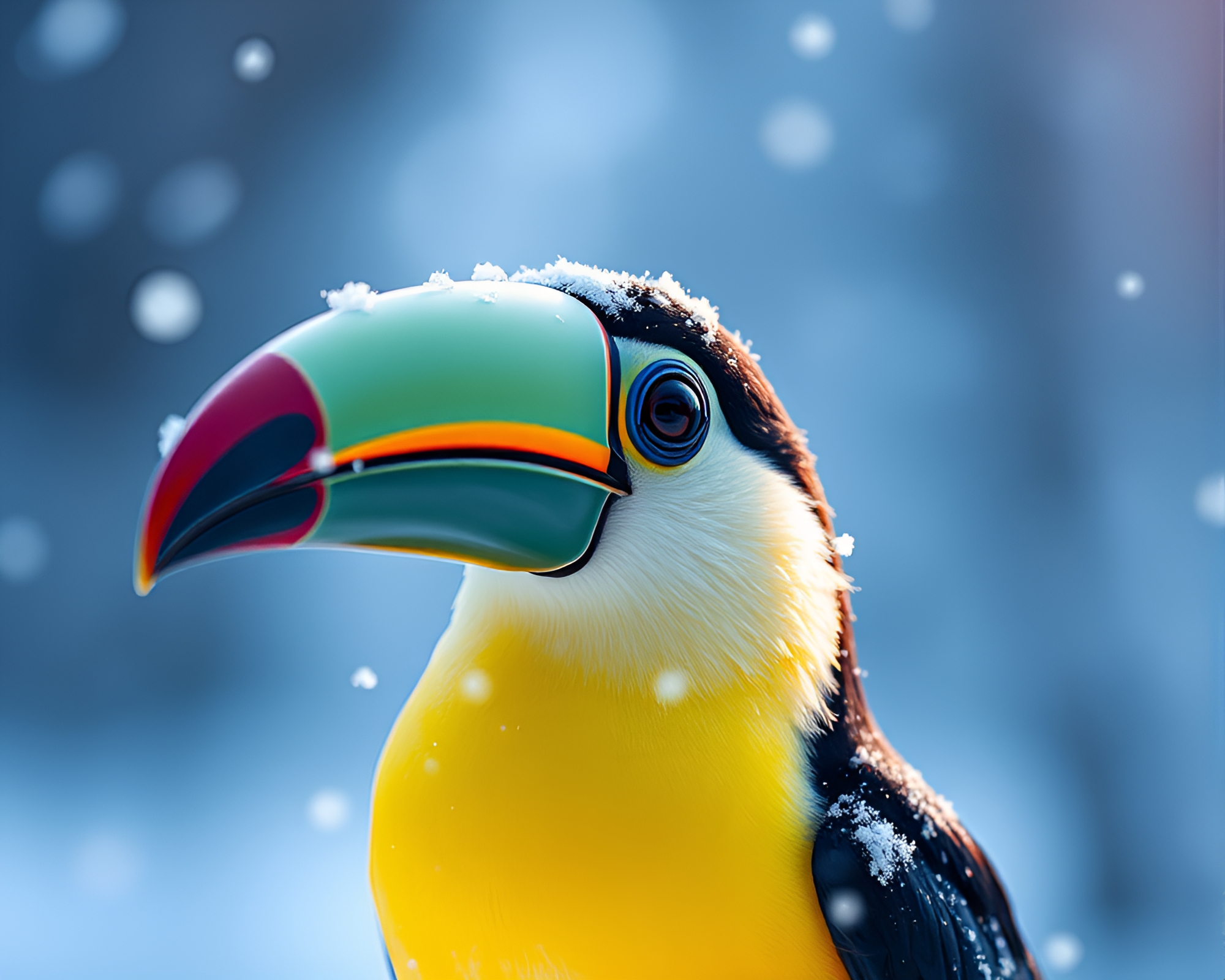 Surreal Toucan Encounter in Snow-Kissed Light – free AI stock image