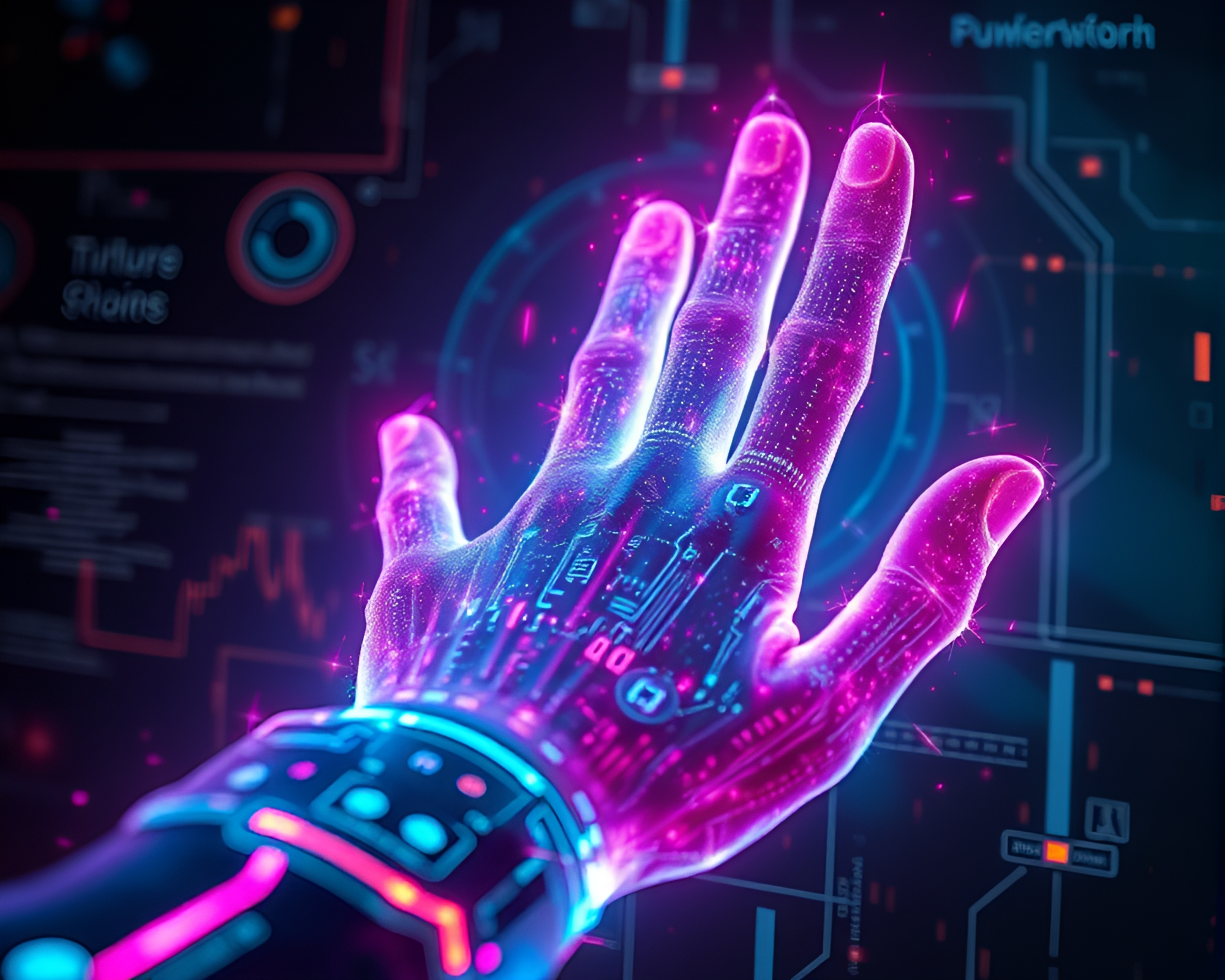 Futuristic Chalk Drawing of Cybernetic Hand in Aurora Hues – free AI stock image