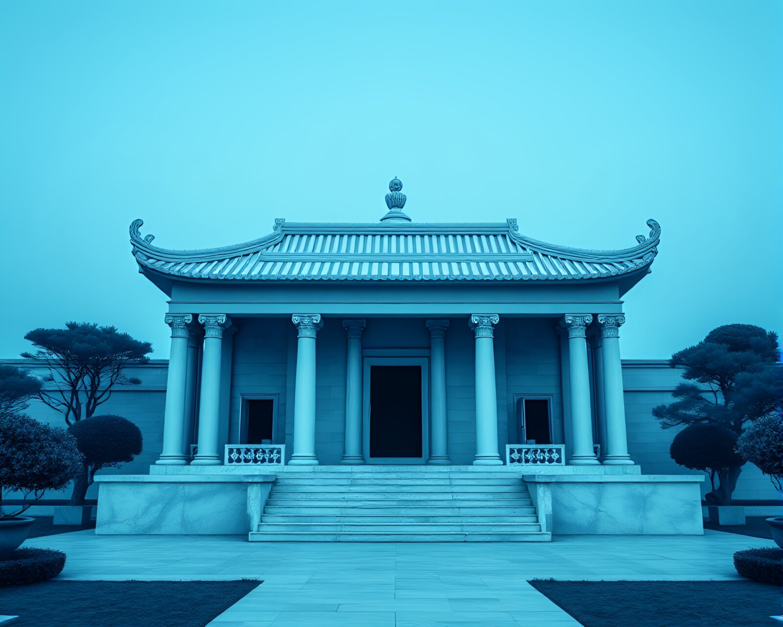Minimalist temple design in deep blue monochrome hues