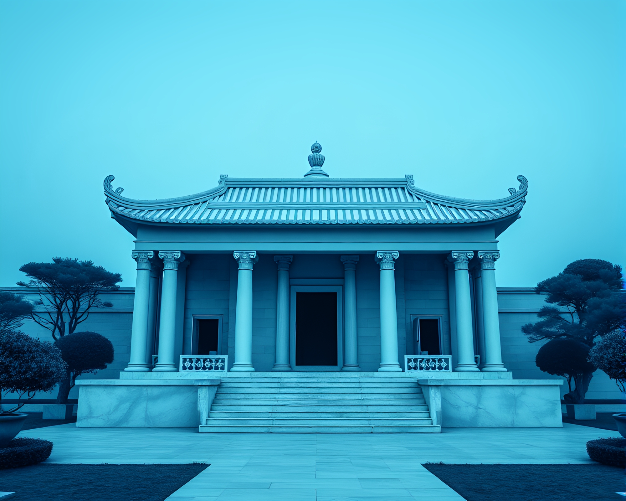 Zen Temple in Blue Monochrome Serenity – free AI stock image