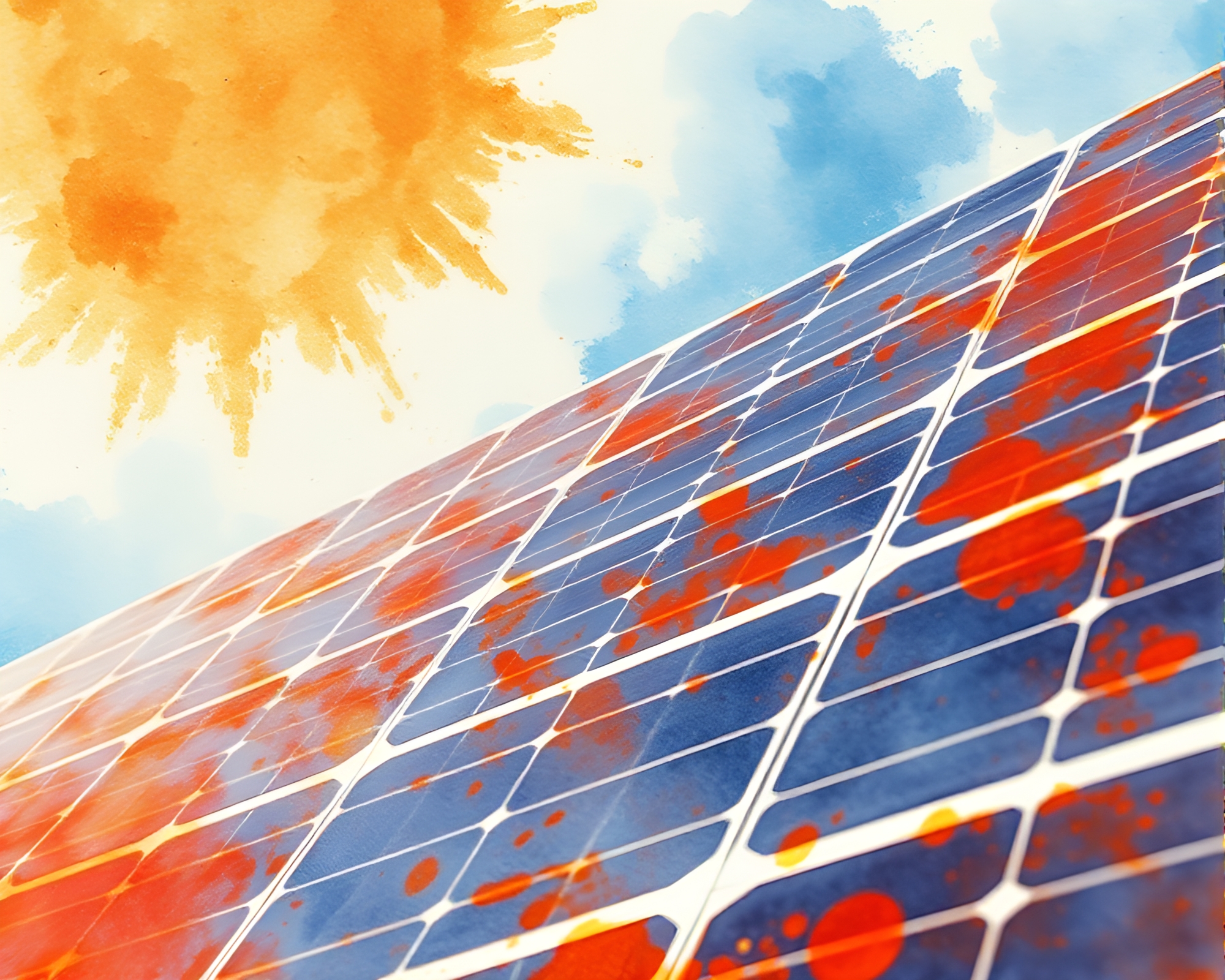 Rust-Stained Solar Panel Array with Watercolor Style – free AI stock image
