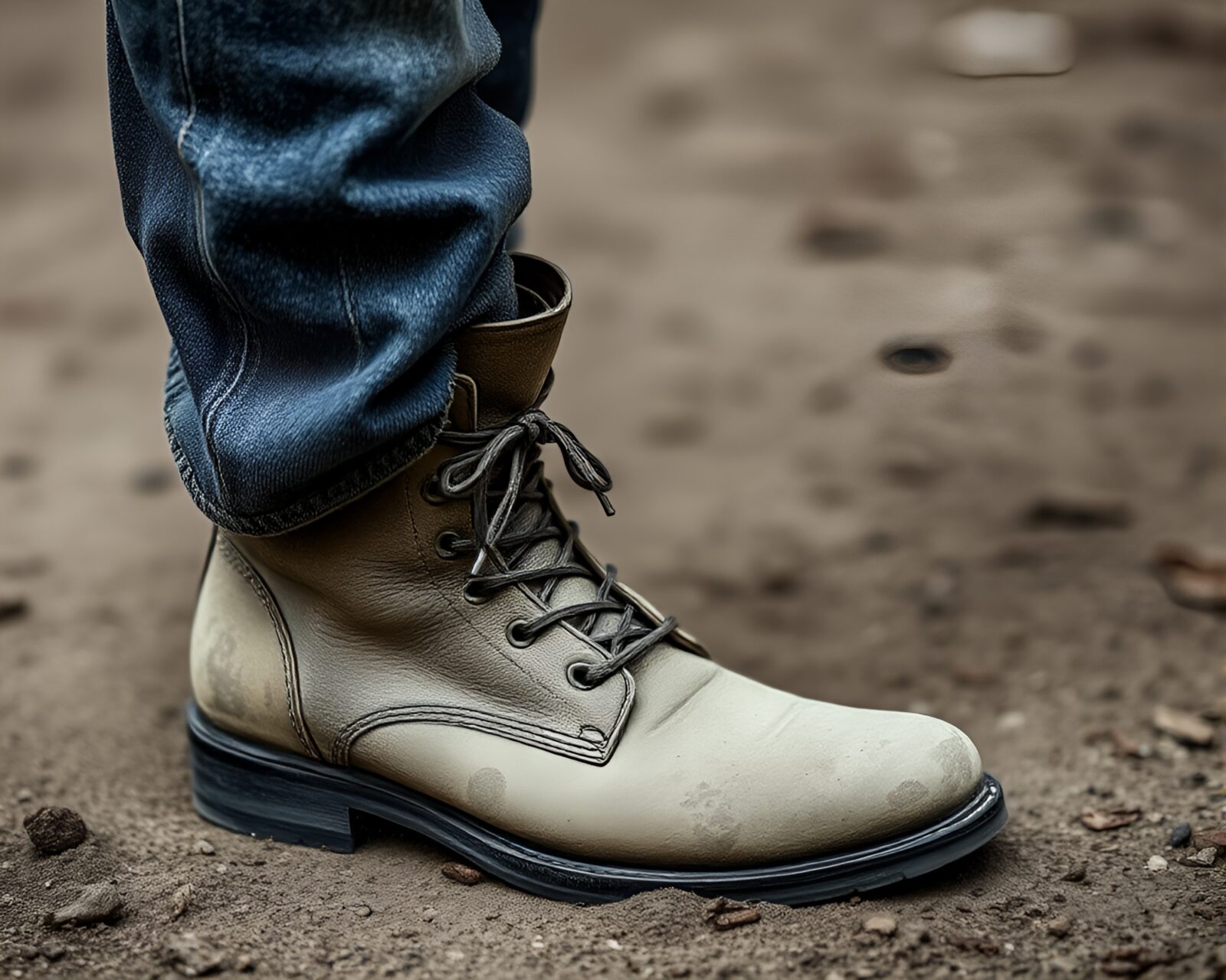 A surreal image of gravity boots in a faded denim landscape