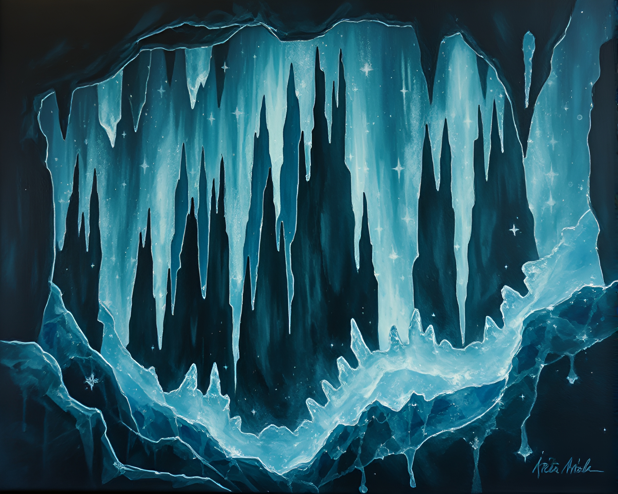 Necromantic Ice Crystals in Encaustic Stalactite Cave – free AI stock image