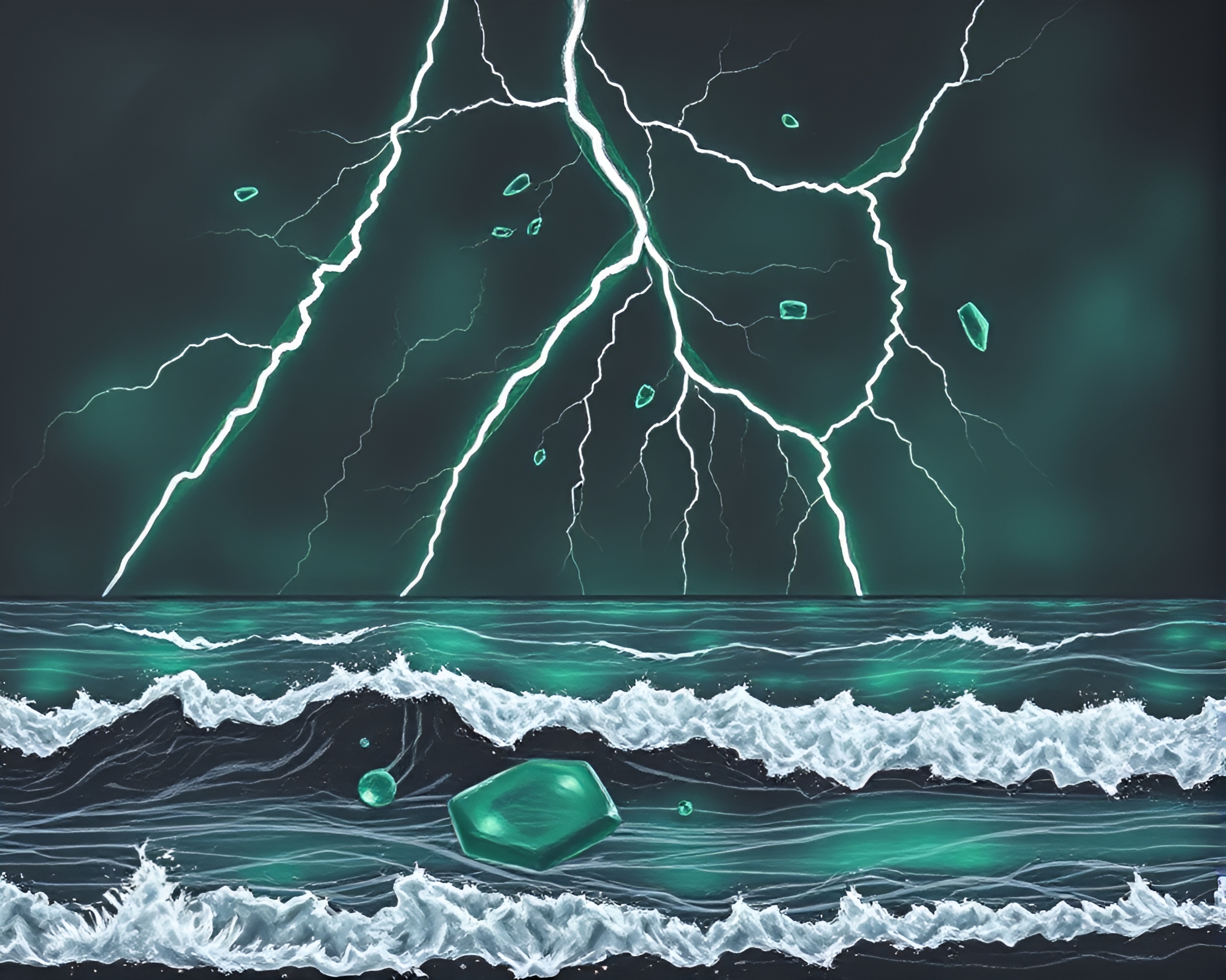 Emerald Thunderstorm: Glass Shards Chalkboard Composition – free AI stock image