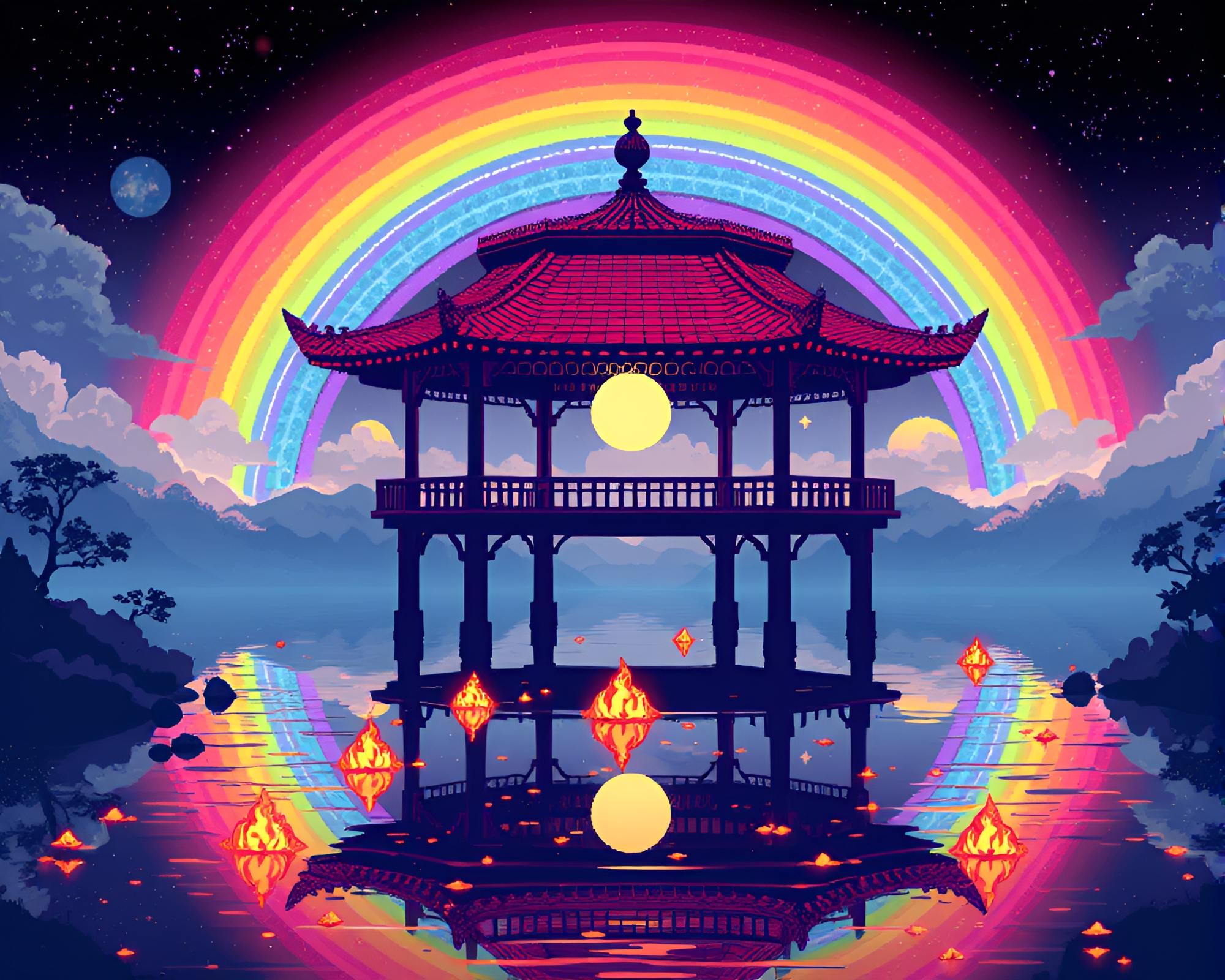 Cosmic Pavilion Floating Embers Retro Pixel Art – free AI stock image