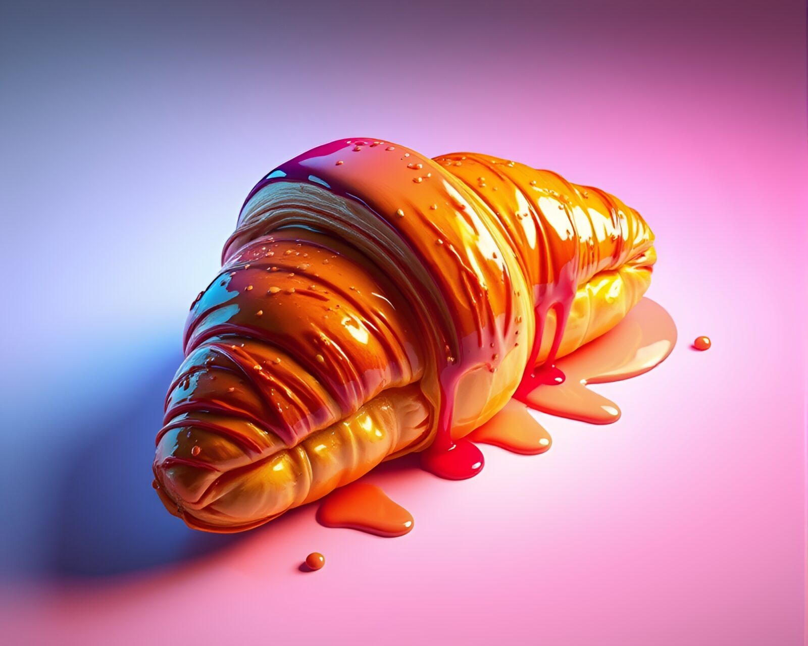 Colorful voxel croissant with glossy highlights and drips