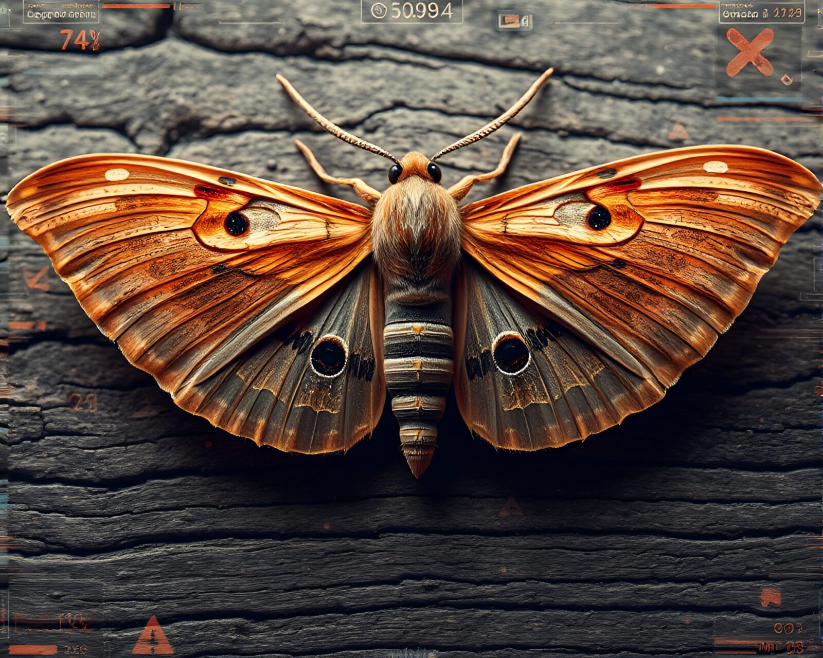 Ethereal moth melded with digital wood grain pattern