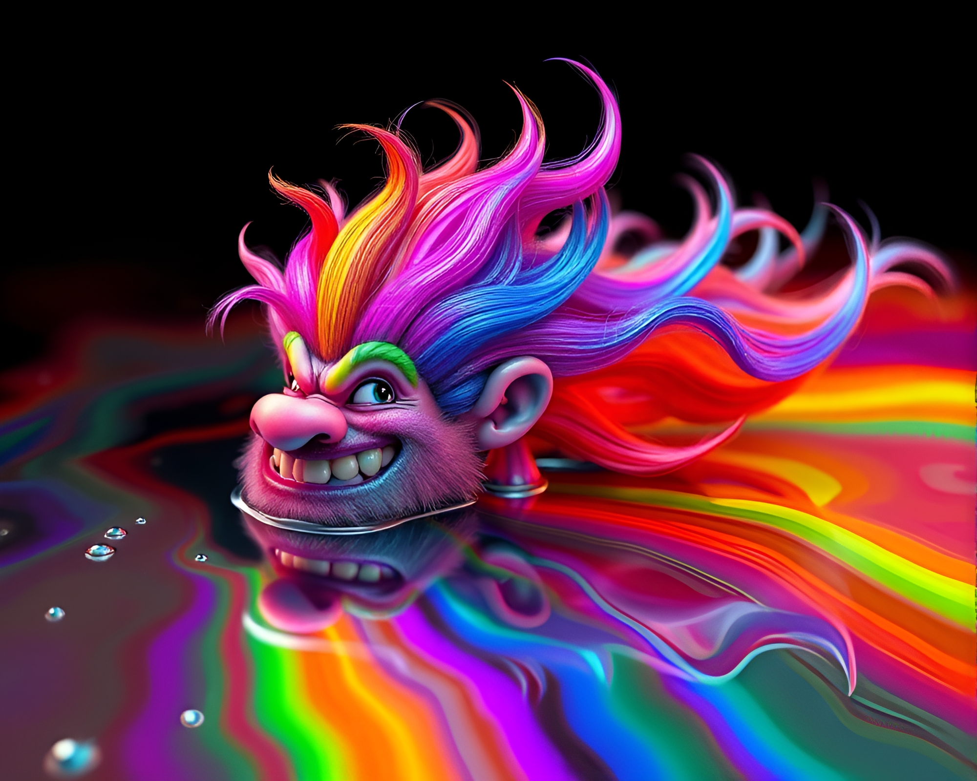 Triadic Troll Amid Oil Slick Rainbow: CGI Artwork – free AI stock image
