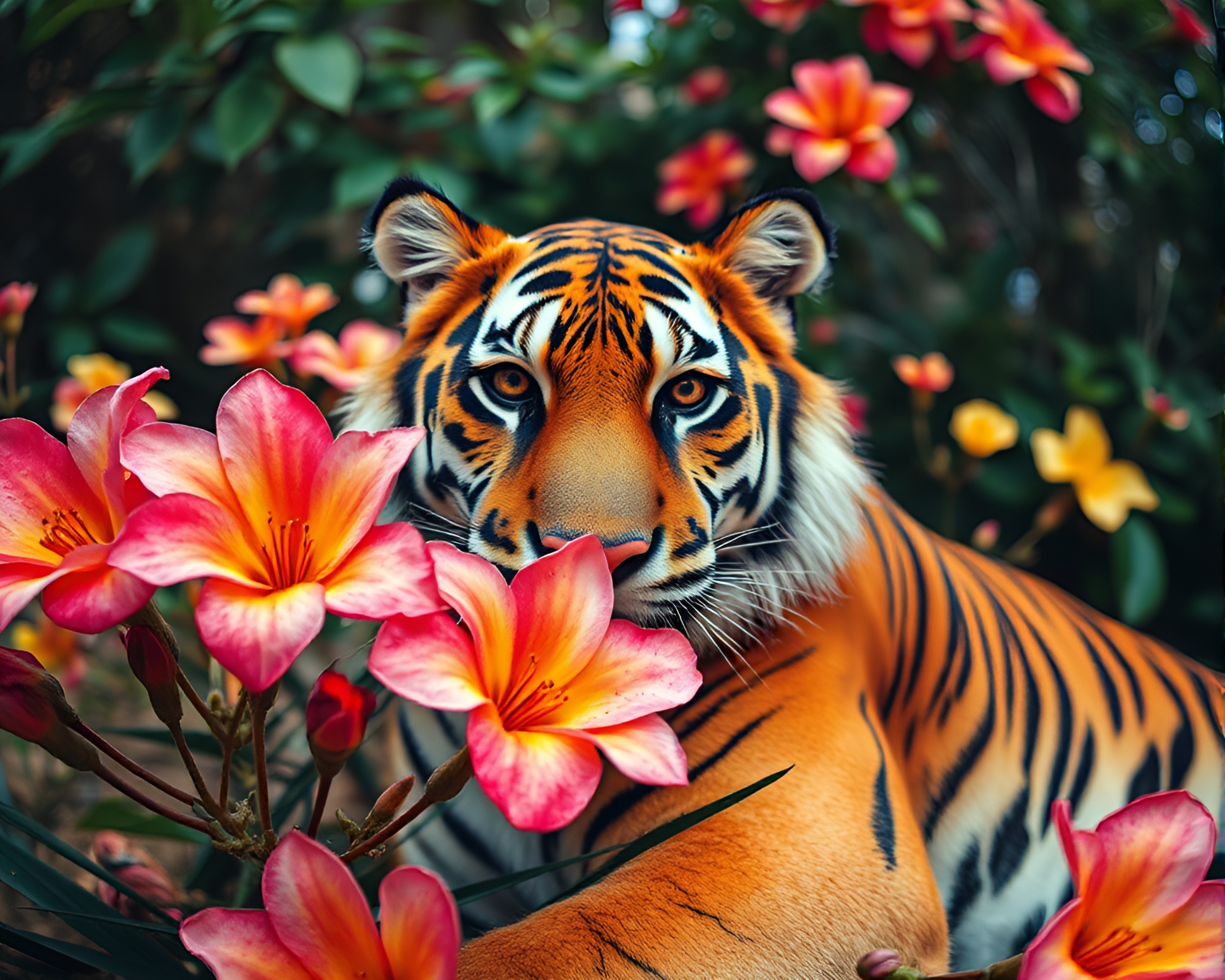 Surreal Tiger in Vibrant Watercolor Blossoms – free AI stock image