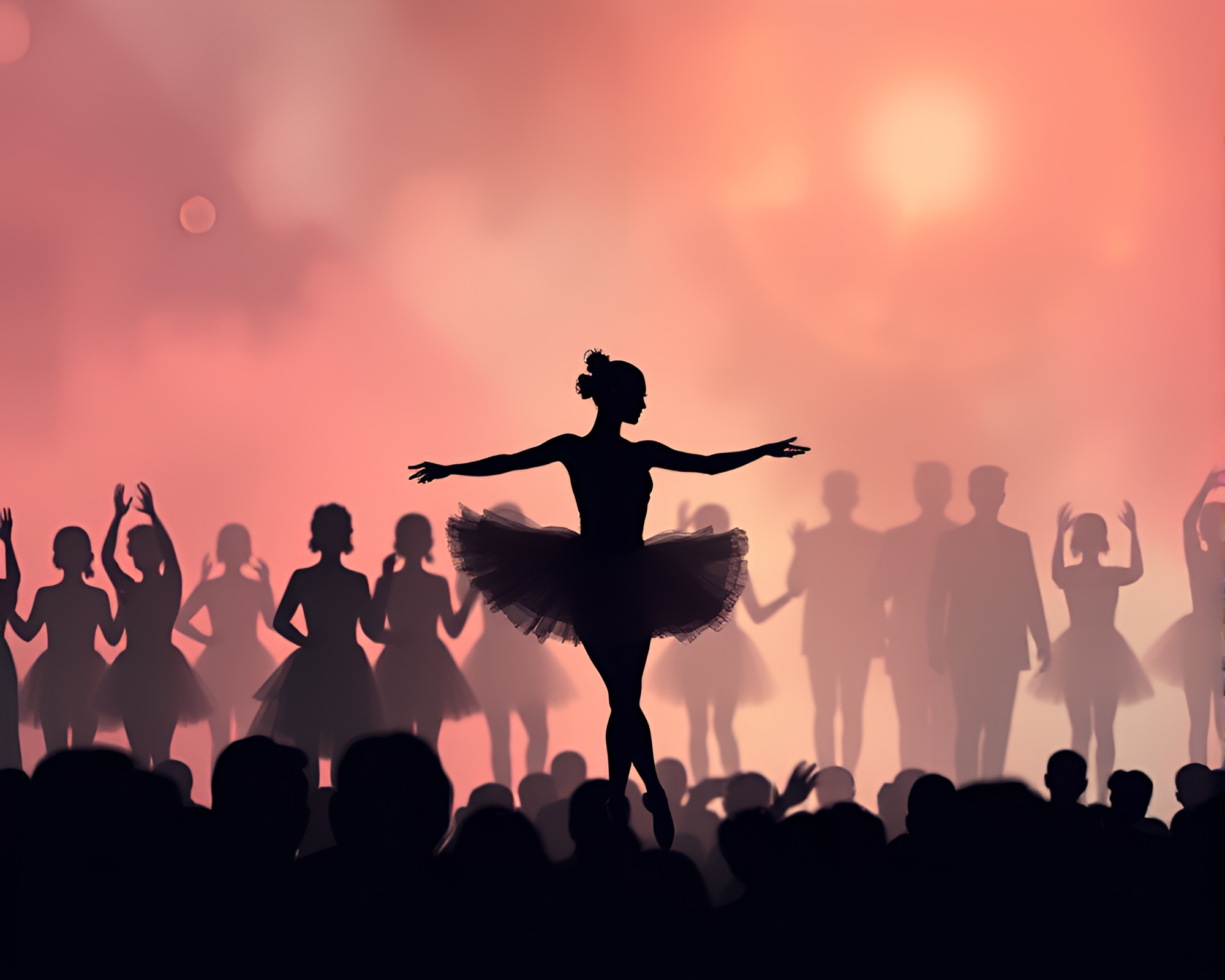 Pastel Ballet Crowd Silhouette Performance – free AI stock image