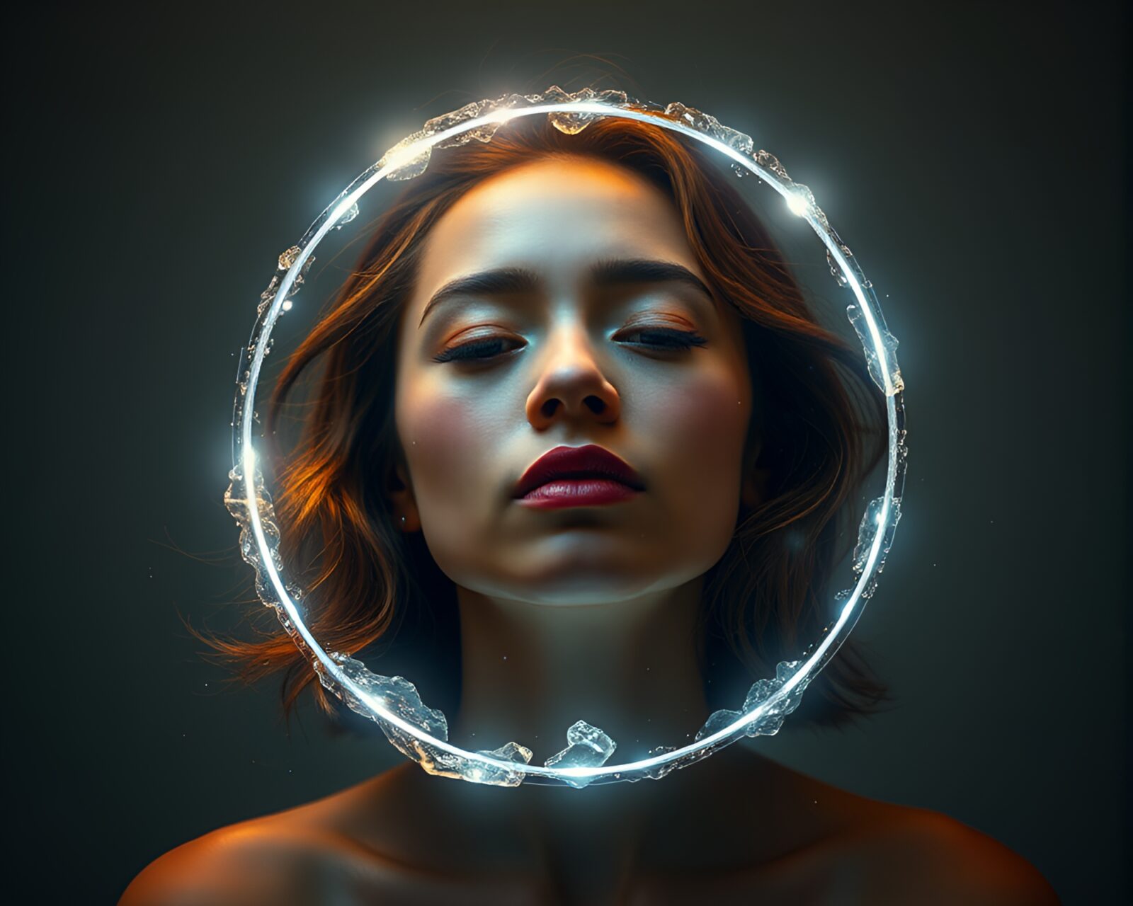 Ethereal crystal in radiant glow, surrounded by captivating collage
