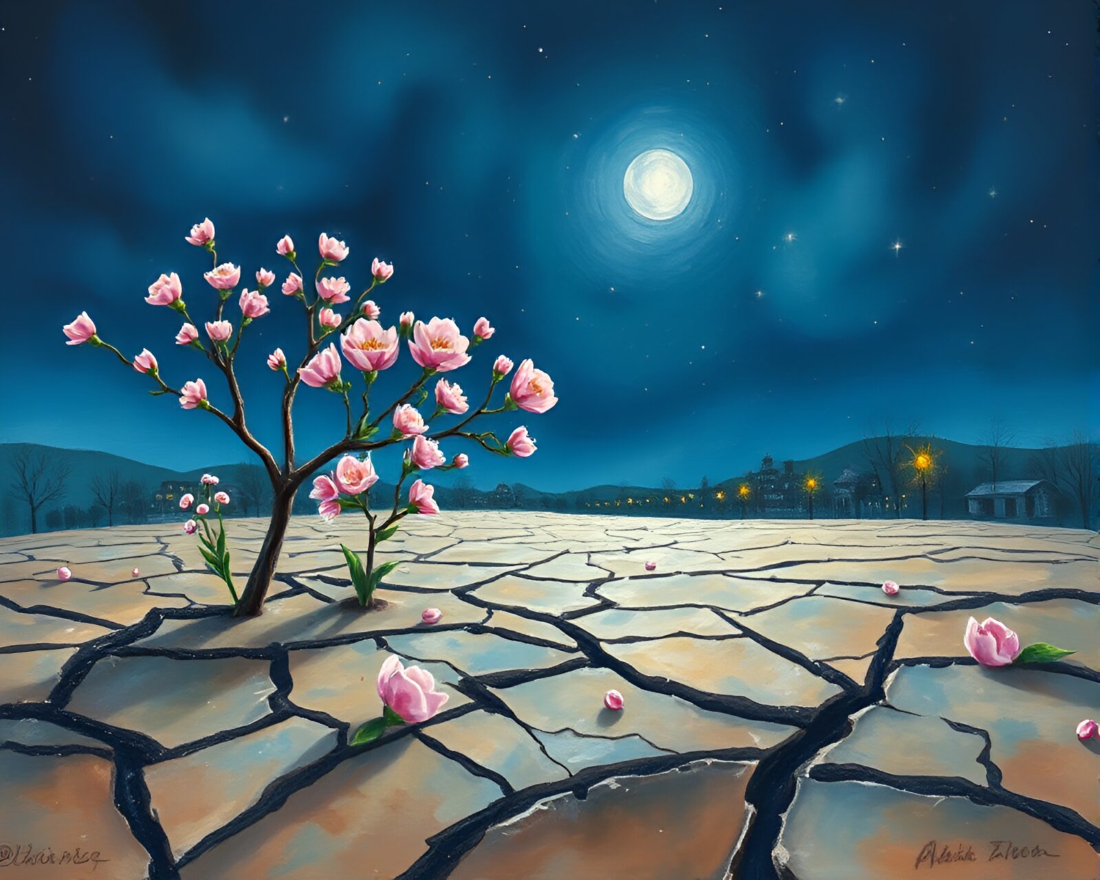 Vibrant gouache artwork of blossoms on cracked urban ground