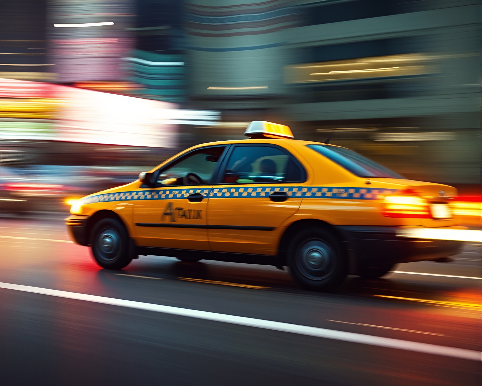 Vibrant Jetpack Taxi Blurring Through Earth-Toned Cityscape – free AI stock image