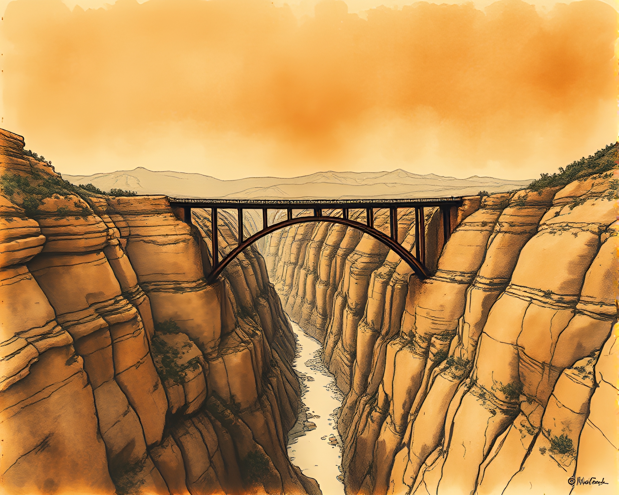 Ink Wash Arch Bridge in Rust Canyon – free AI stock image
