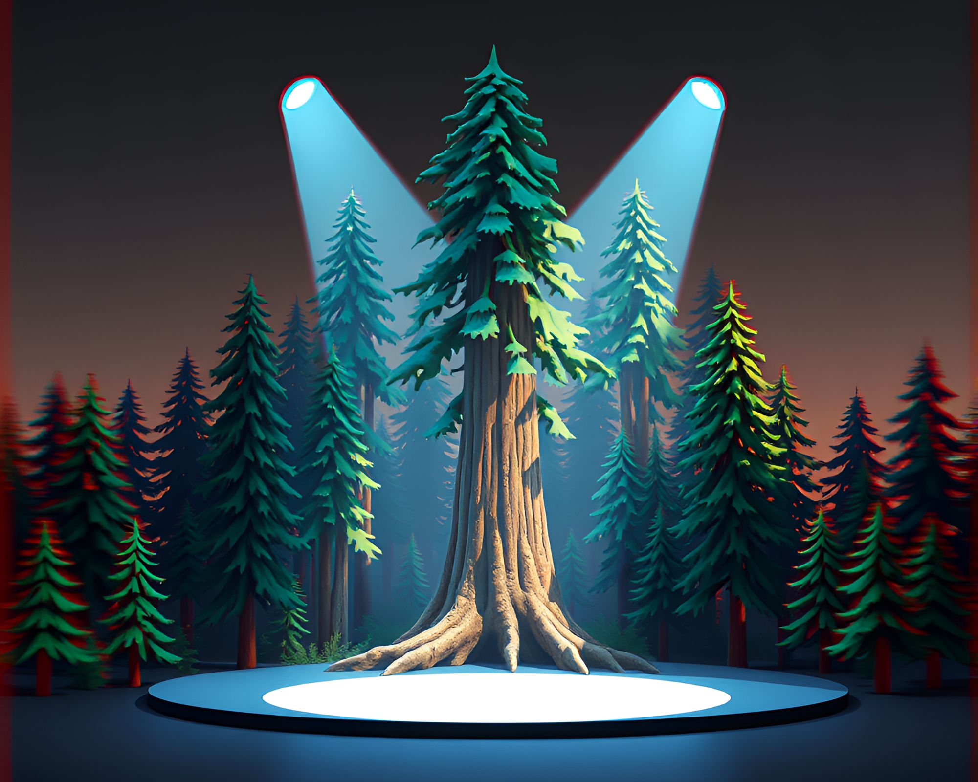 Glitch Art Redwood Tree Spotlight Isometric Illustration – free AI stock image