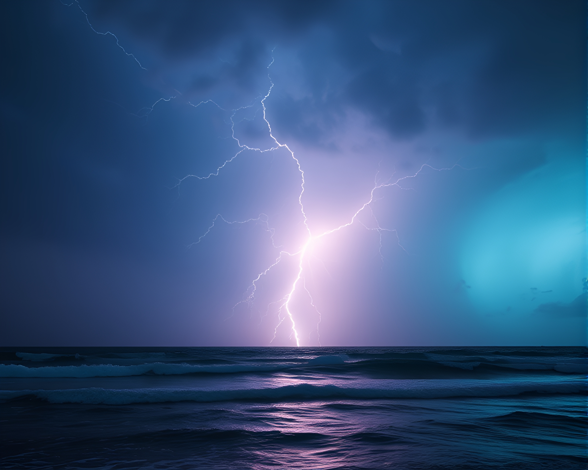 Fluorescent Thunderstorm over Ocean: Divisionism Focus-Stacking Art – free AI stock image