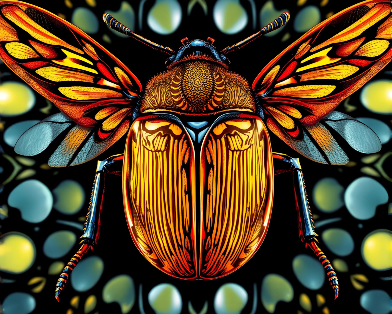 Detailed patterns surround a vibrant beetle in crystal clarity.