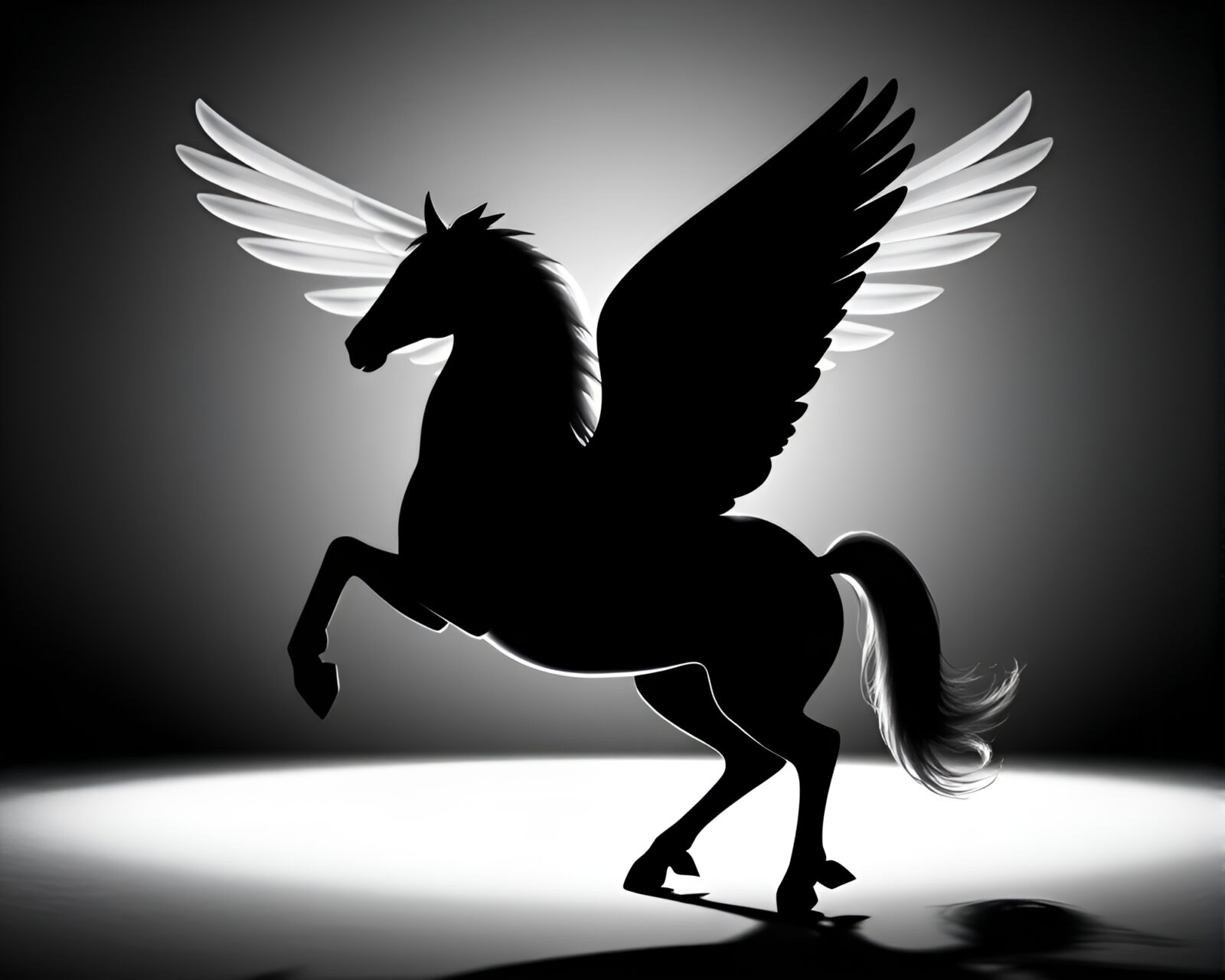 High-contrast noir art of majestic symmetrical Pegasus in soft shadows
