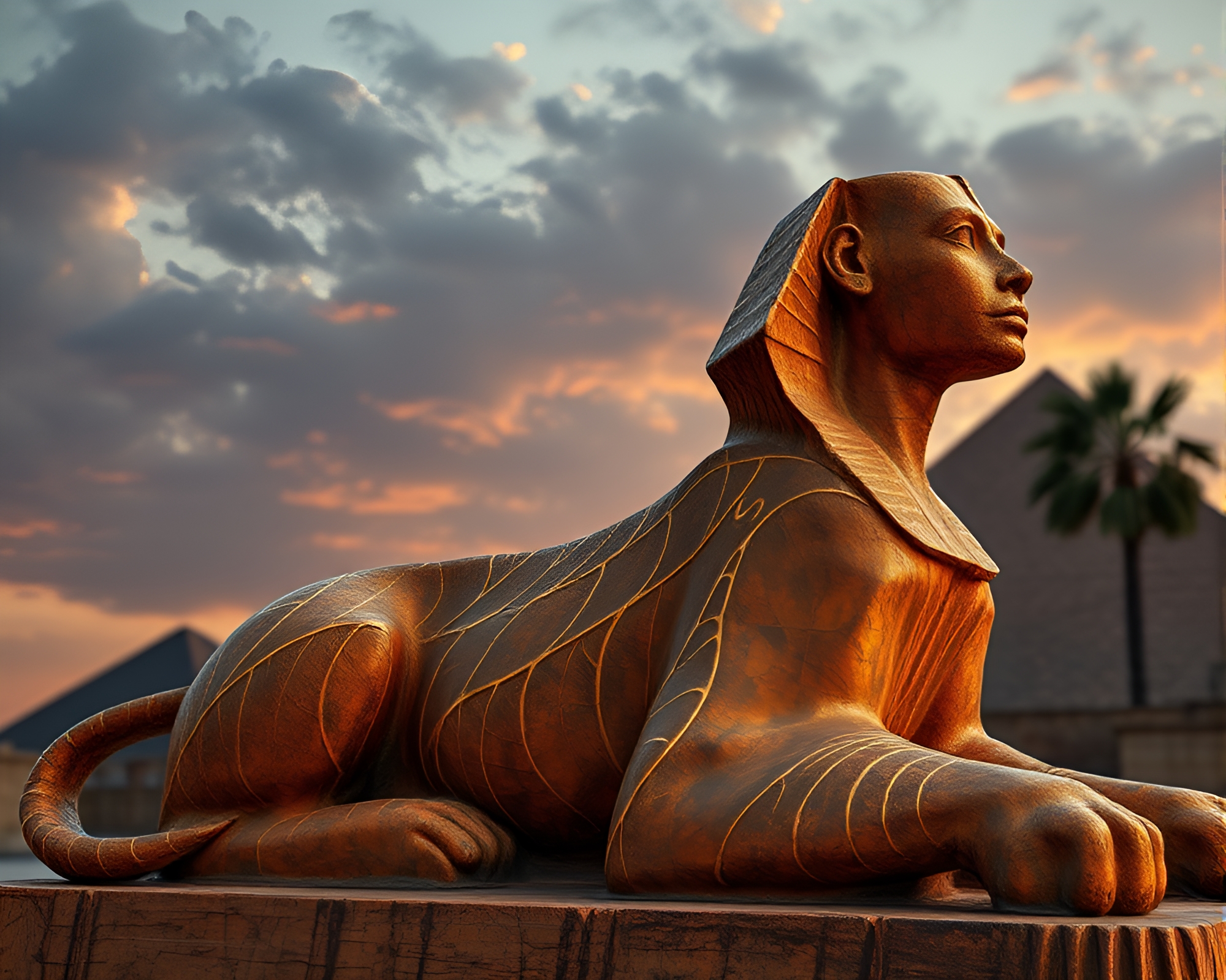 Sunset Sphinx in Photorealistic Leaf Vein Setting – free AI stock image