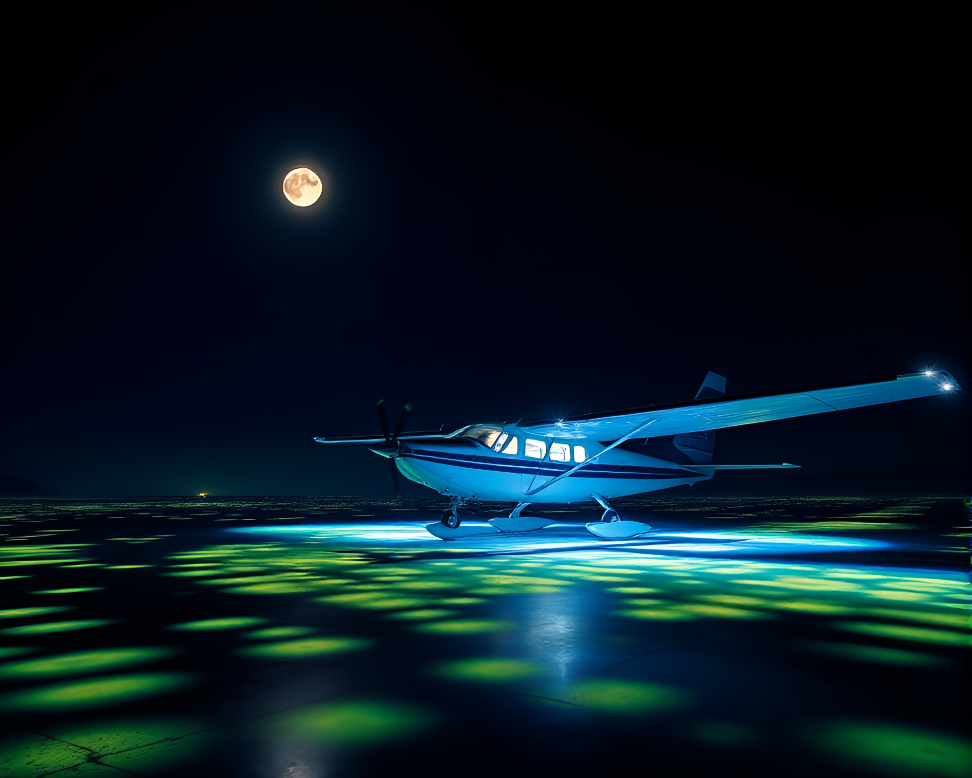 Moonlit Sea Plane with Ultraviolet Mildew Spots – free AI stock image
