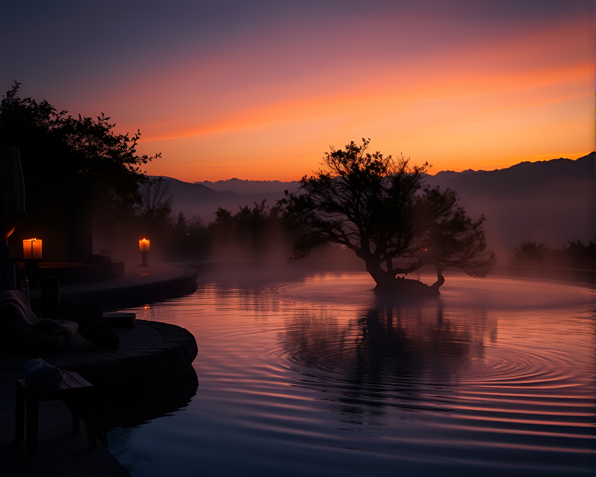 Mystical Silhouette: Hot Spring Utopia – free AI stock image