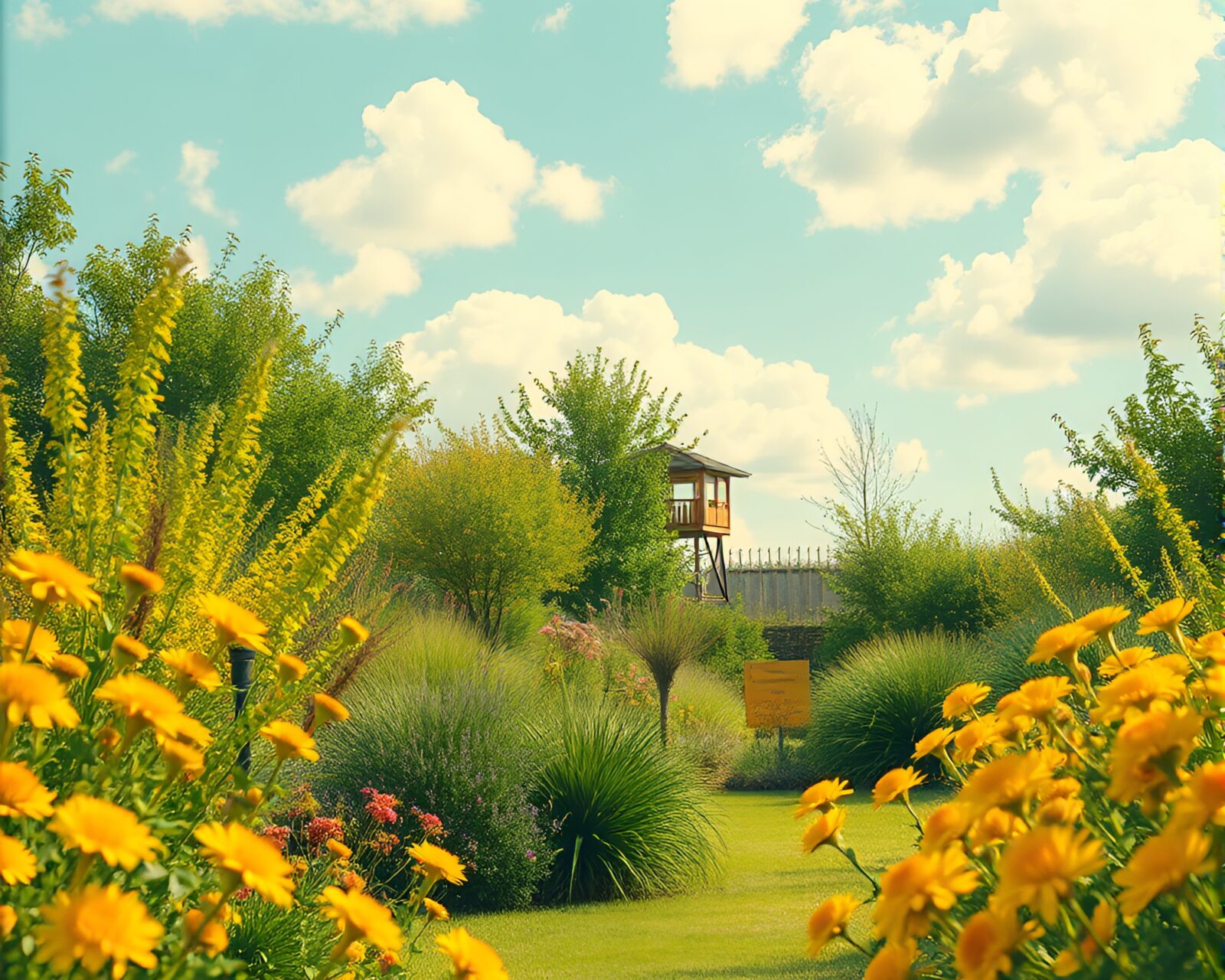 Vibrant mustard yellow sky garden with rule of thirds framing