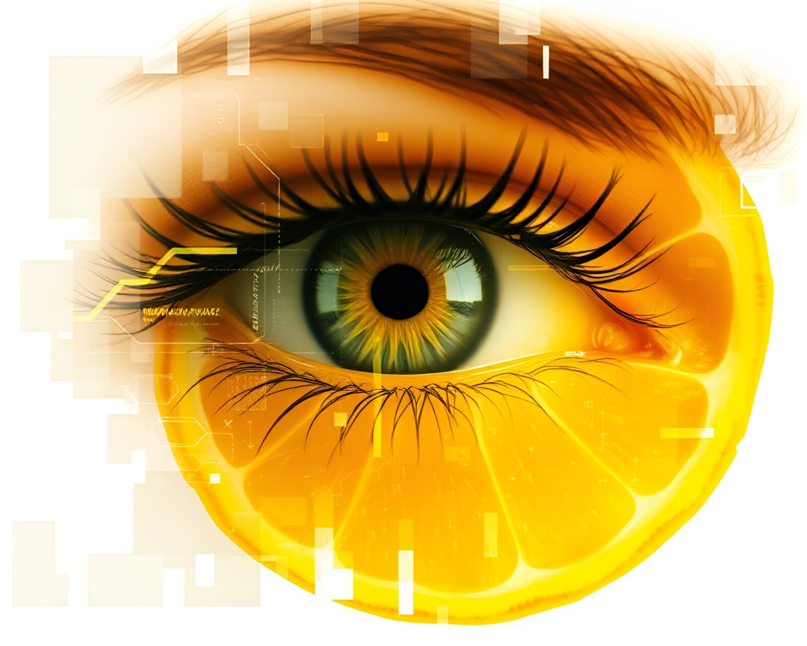 Abstract image of a cybernetic eye in a vibrant collage