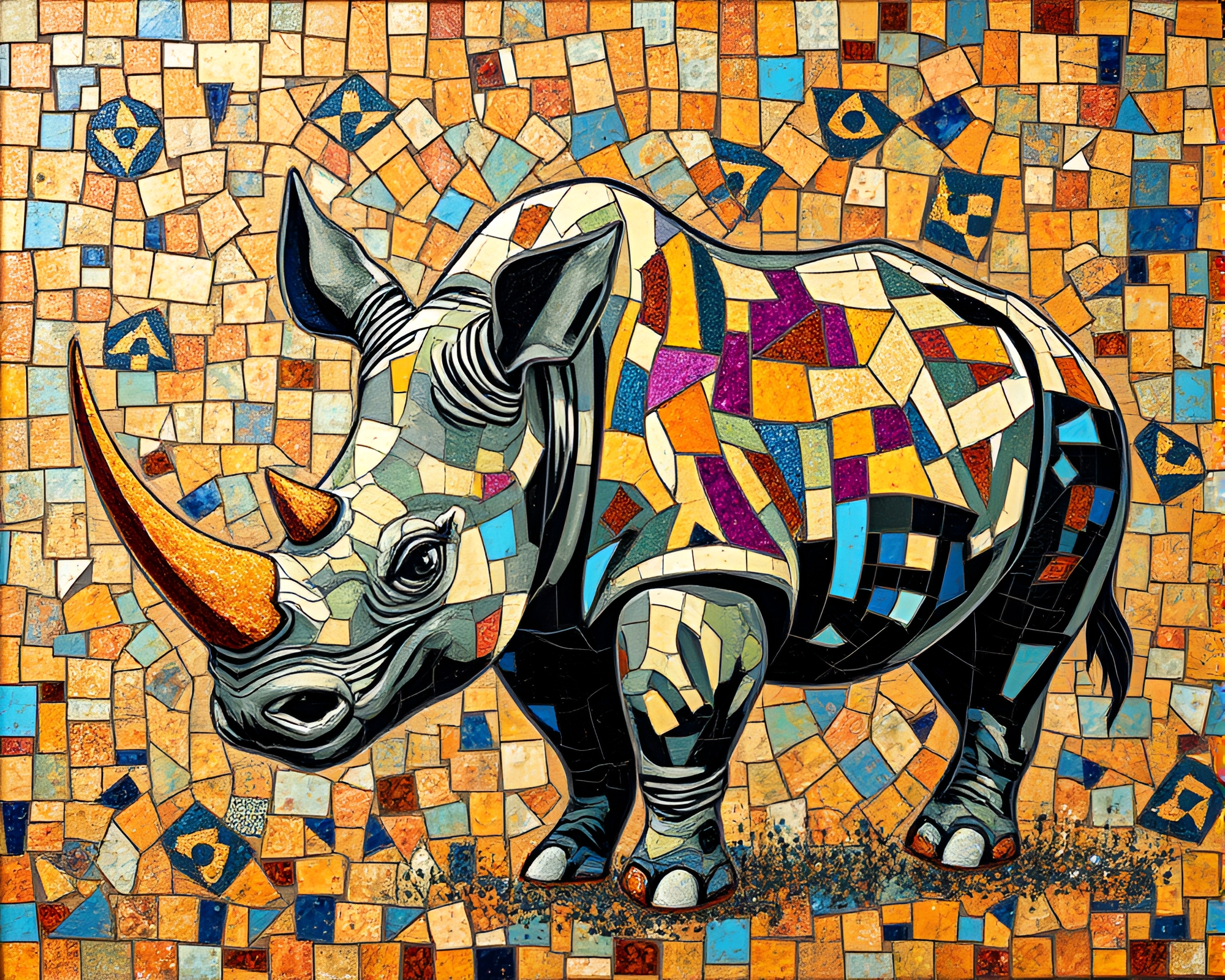 Rhinoceros Fragmented Mosaic: Glitter Dust Fresco – free AI stock image