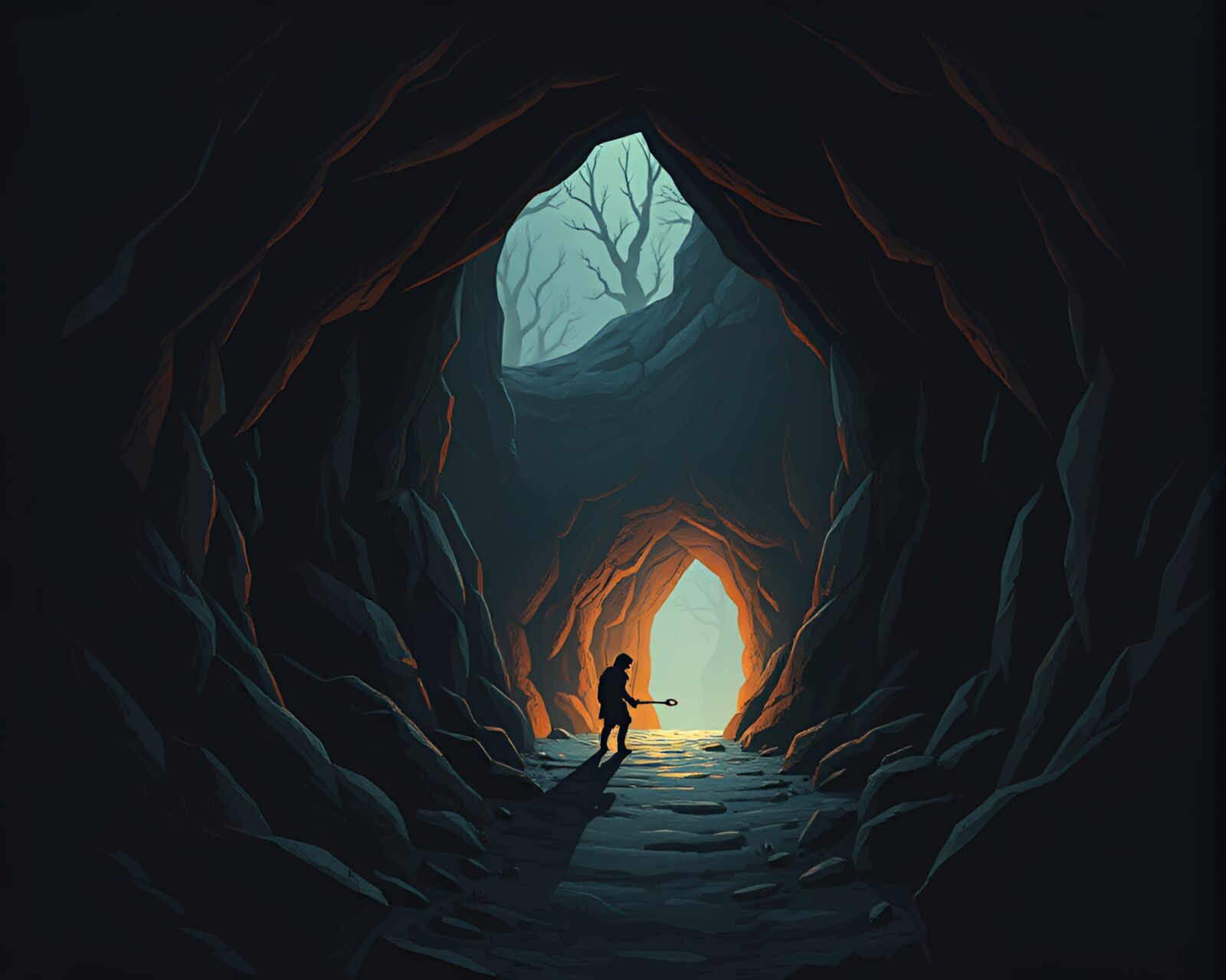 Mystical elf standing at cave mouth in silhouette style