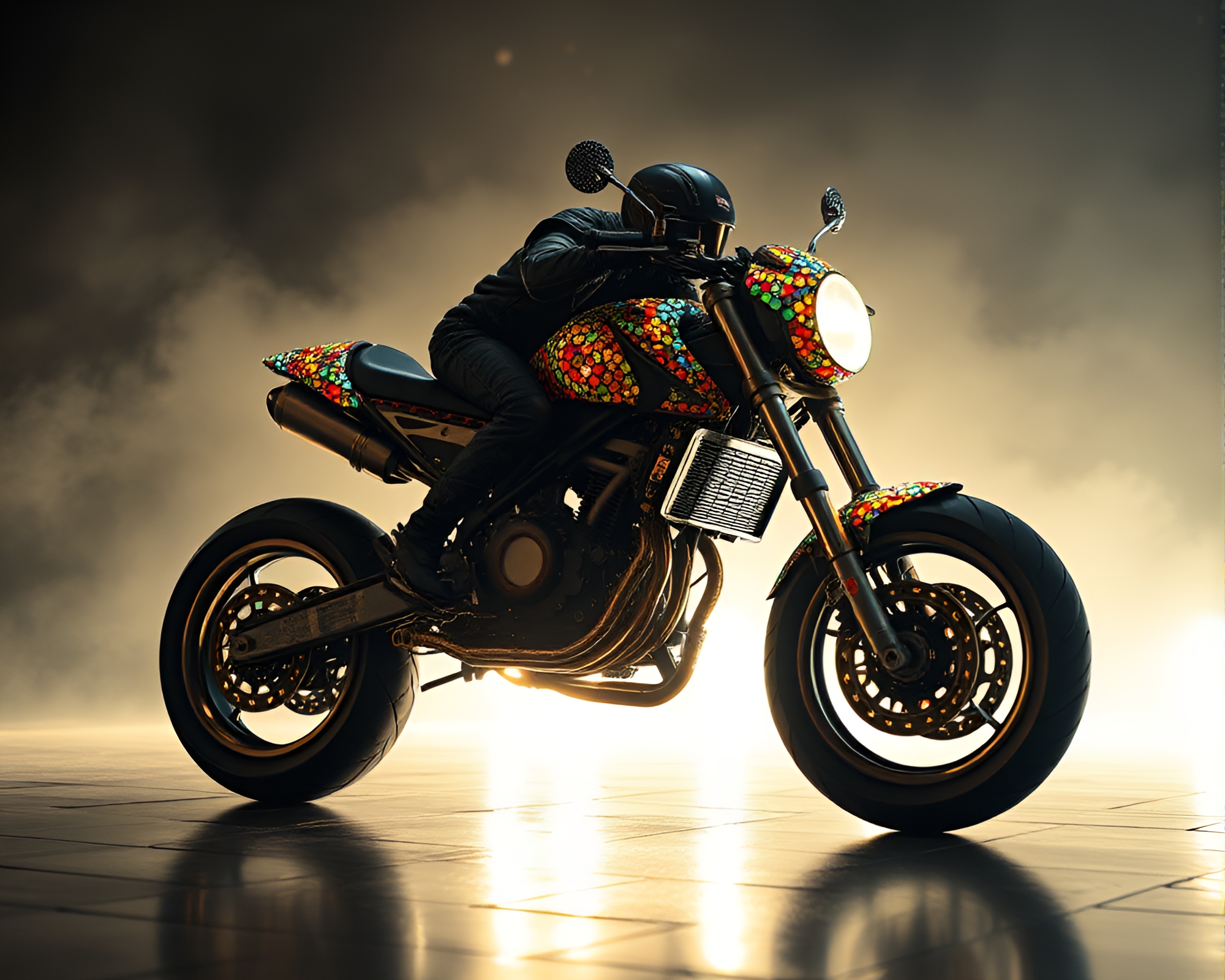 Sci-fi Hoverbike in Theatrical Mosaic Lighting – free AI stock image