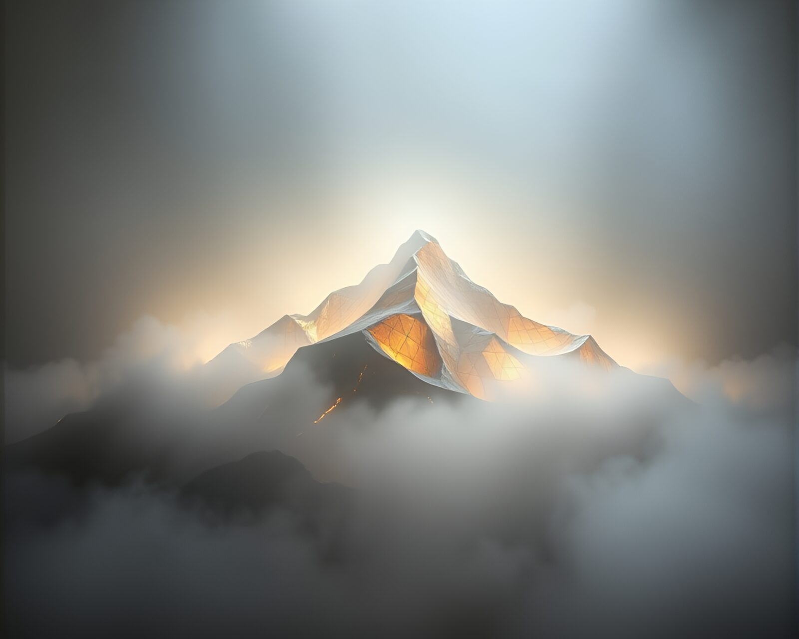 Sculpted paper mountain surrounded by mystical mist and colorful lights