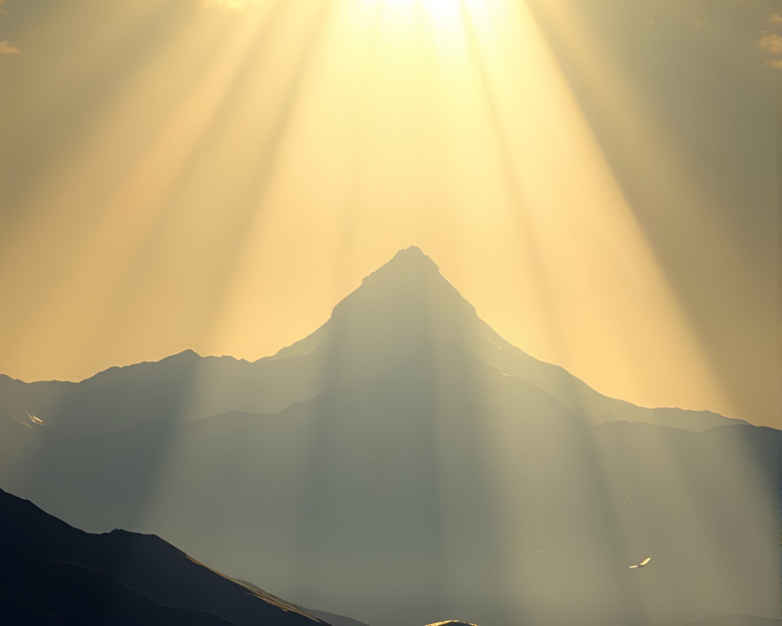 Sunlight streaming through clouds onto vast, rocky plateau