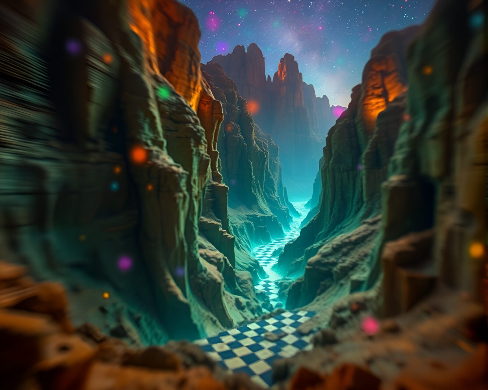 Mystical canyon with enchanting checkered patterns and blurred motion
