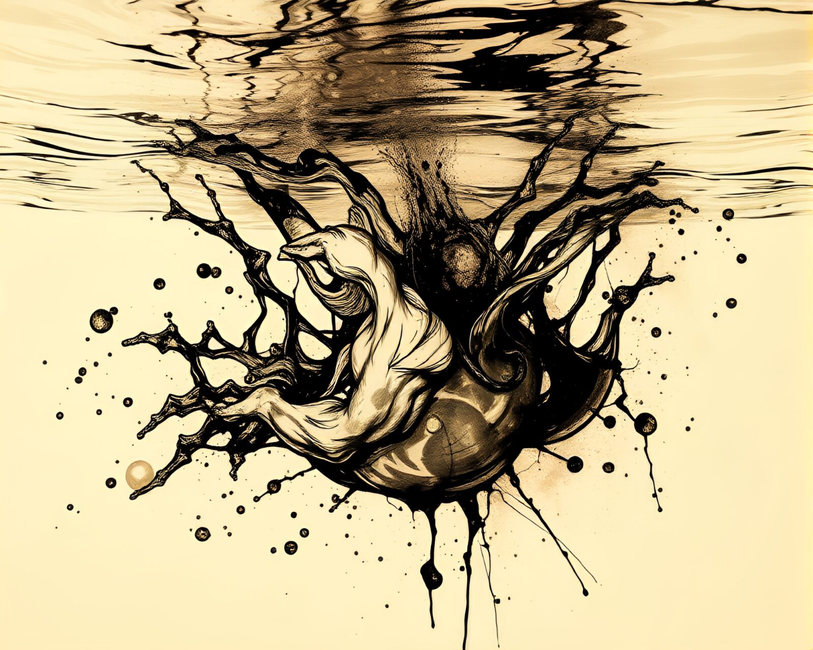Abstract sepia-toned water distortion in tattoo style art