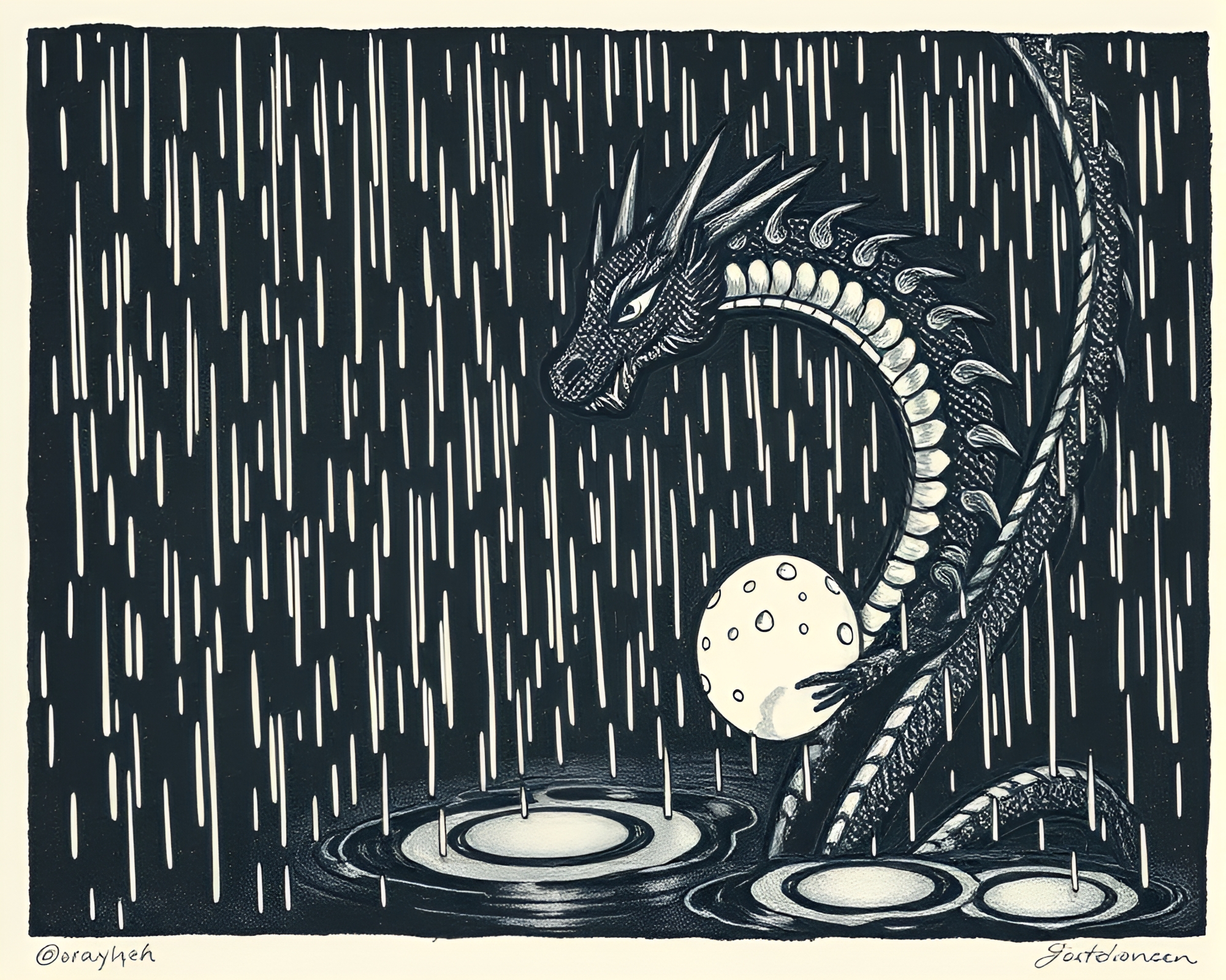 Dragon Egg Rain Droplets: Linocut Print Fantasy Art – free AI stock image