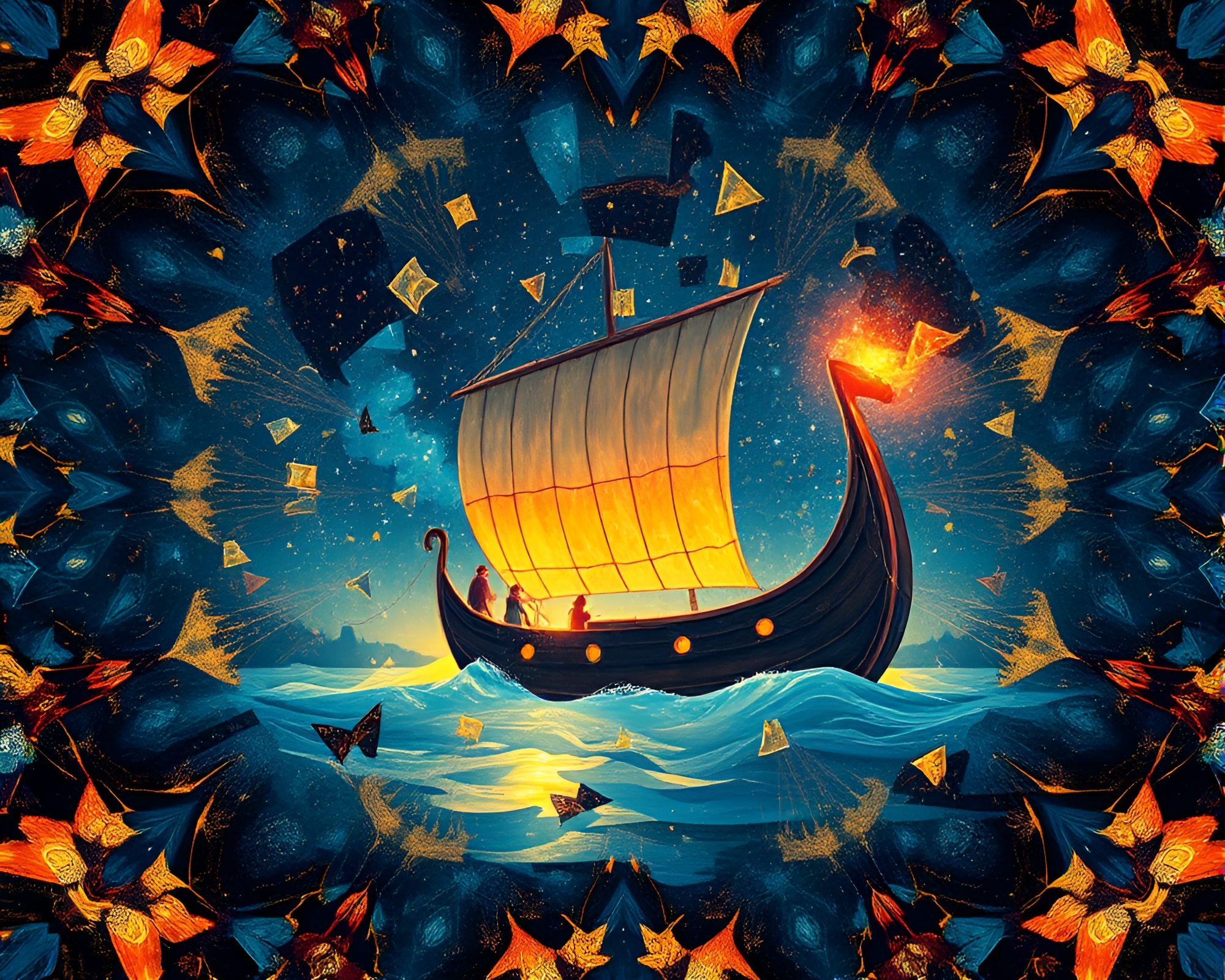 Whimsical Viking Longship through Kaleidoscope Fragments – free AI stock image