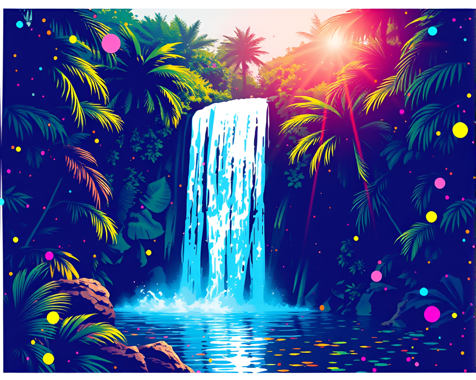 Retro Pixel Art Tropical Waterfall with Stencil Shadows – free AI stock image