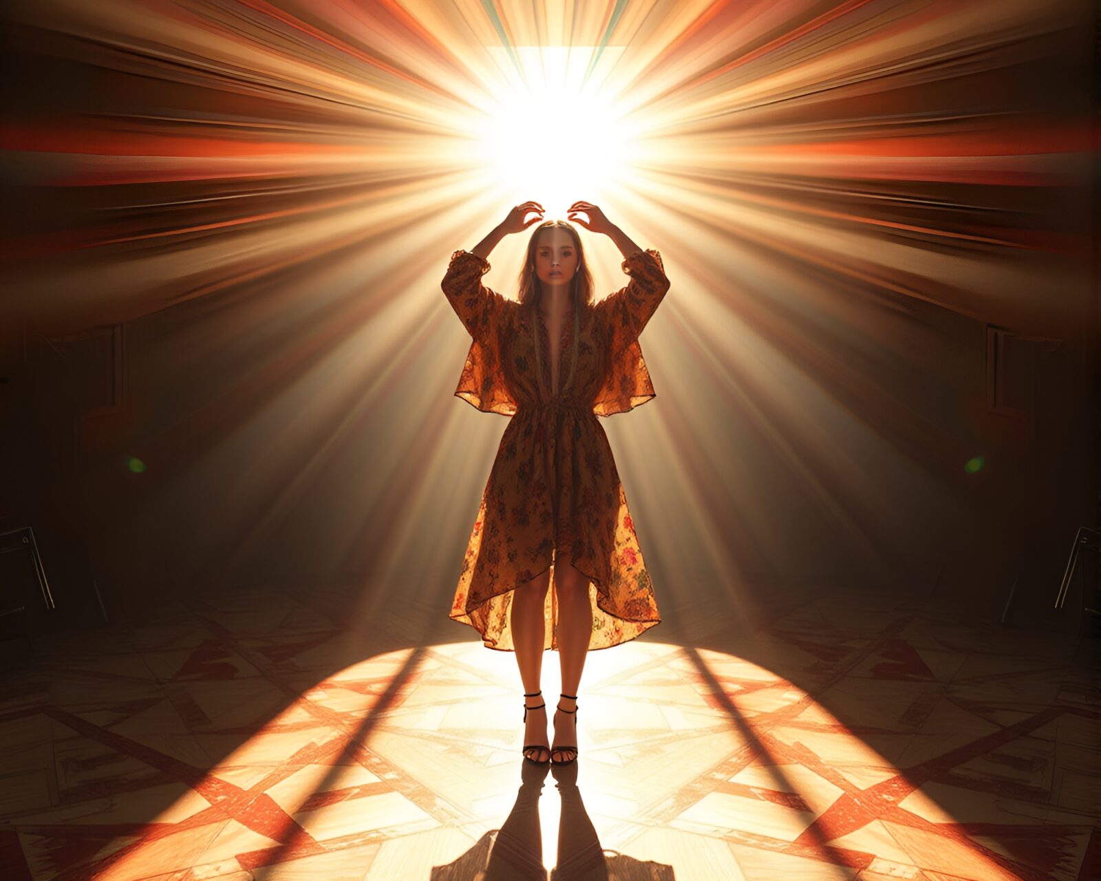 Fashion illustration with symmetrical augmented reality overlay and sunbeam rays